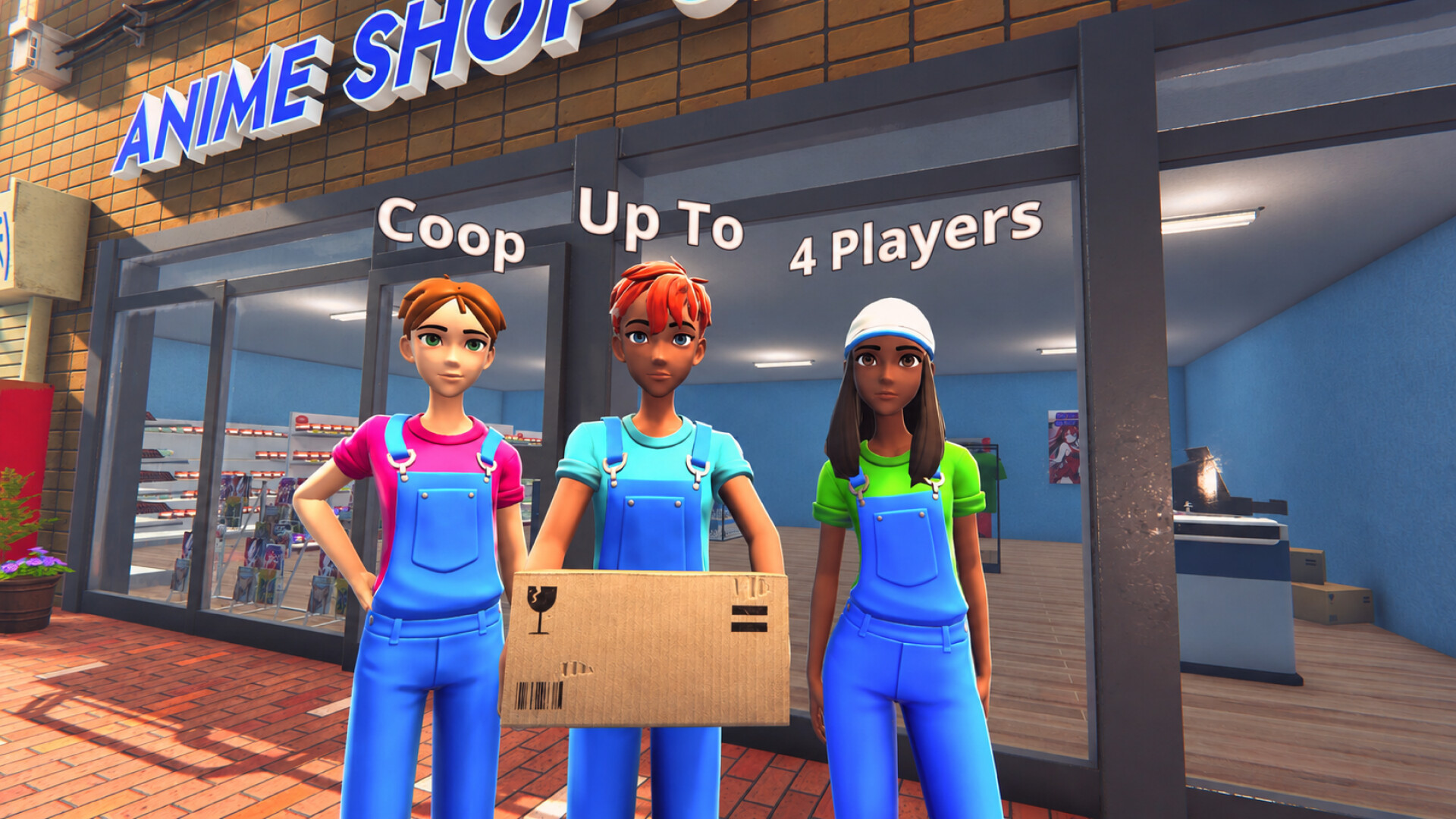 Official Anime Shop Simulator screenshot showing stocked shelves and customers inside the themed store