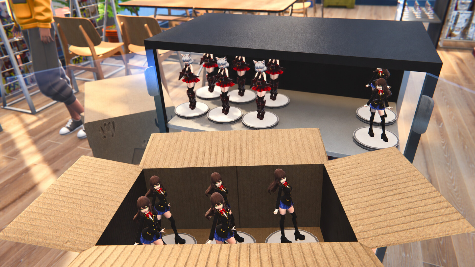 Official Anime Shop Simulator screenshot showing card-pack opening and collectible merchandise