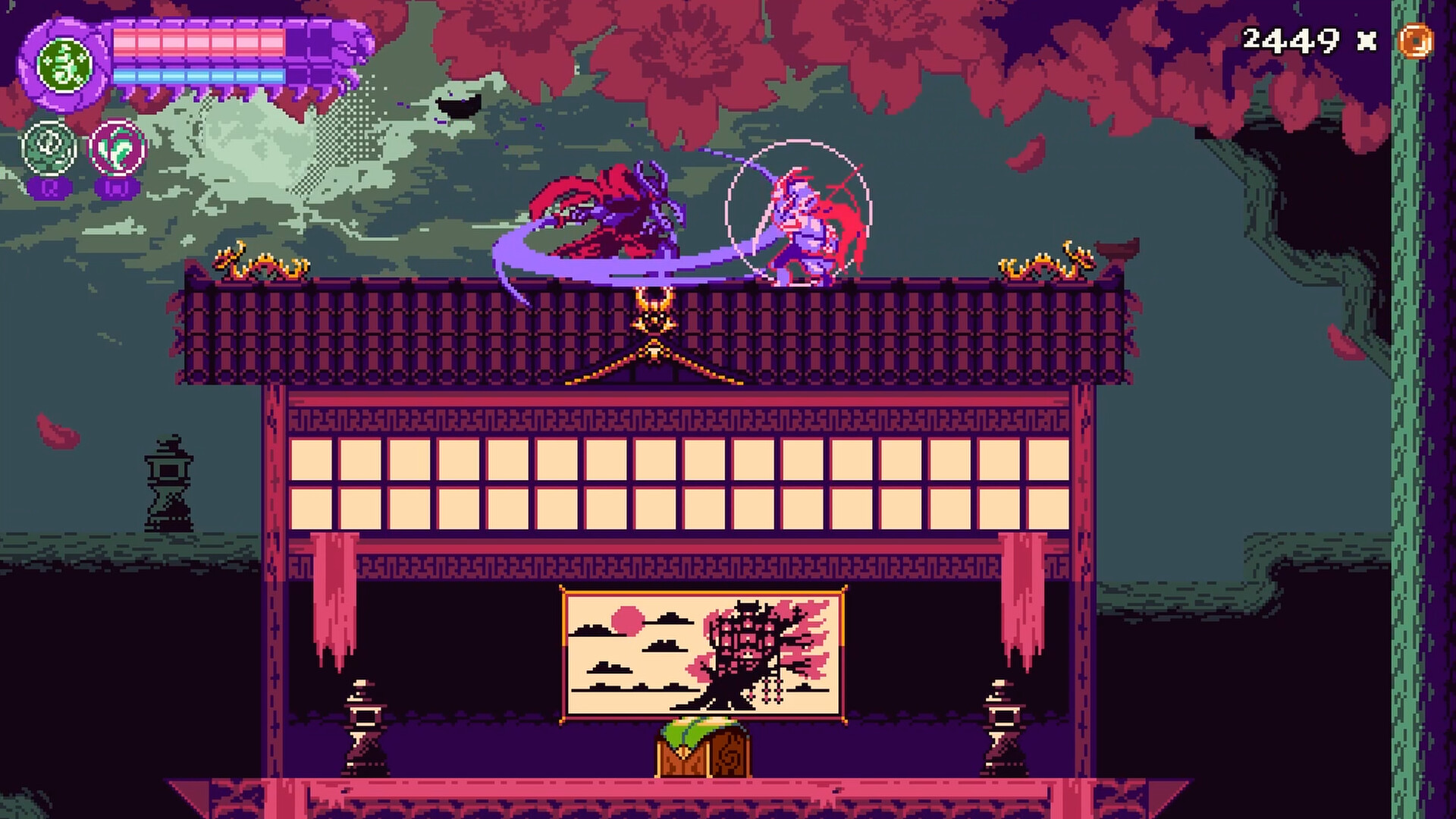 Official AOKAKI screenshot showing the insect ronin moving through a pixel-art feudal environment