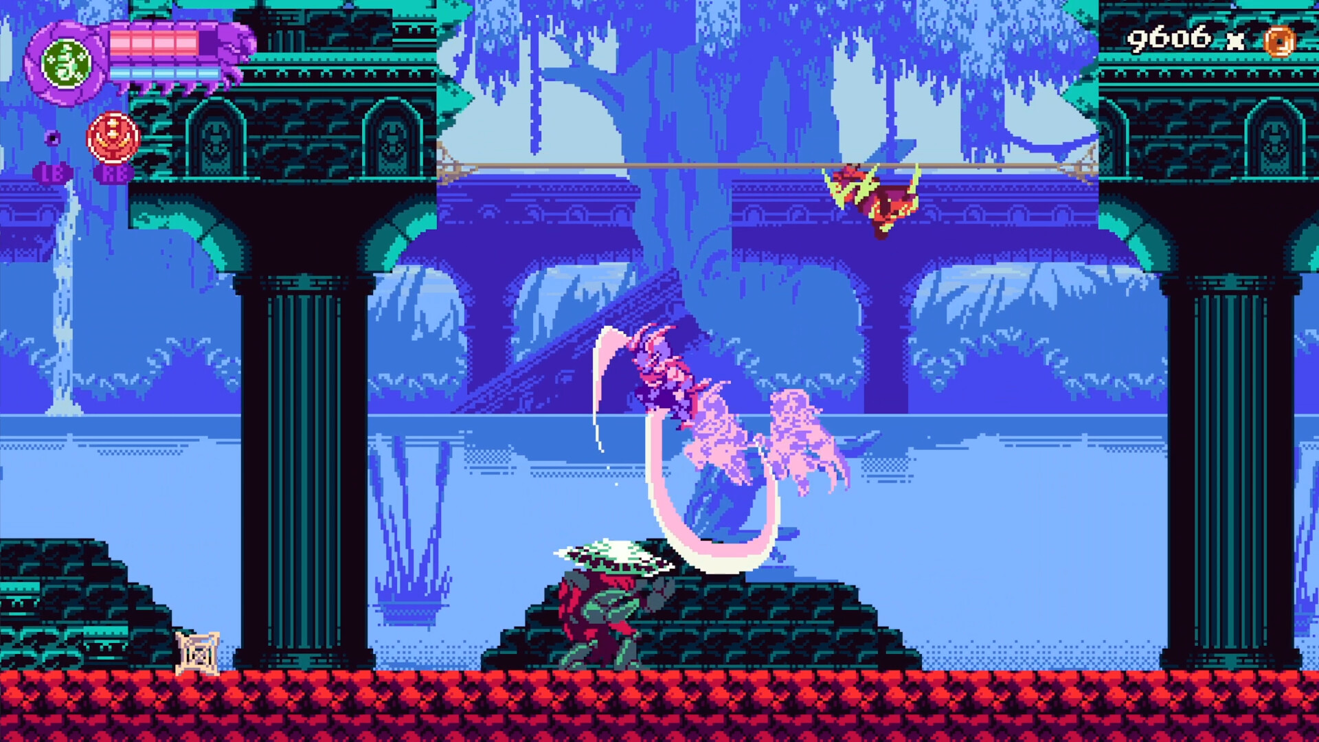 Official AOKAKI screenshot showing combat, platforming hazards, and readable enemy silhouettes
