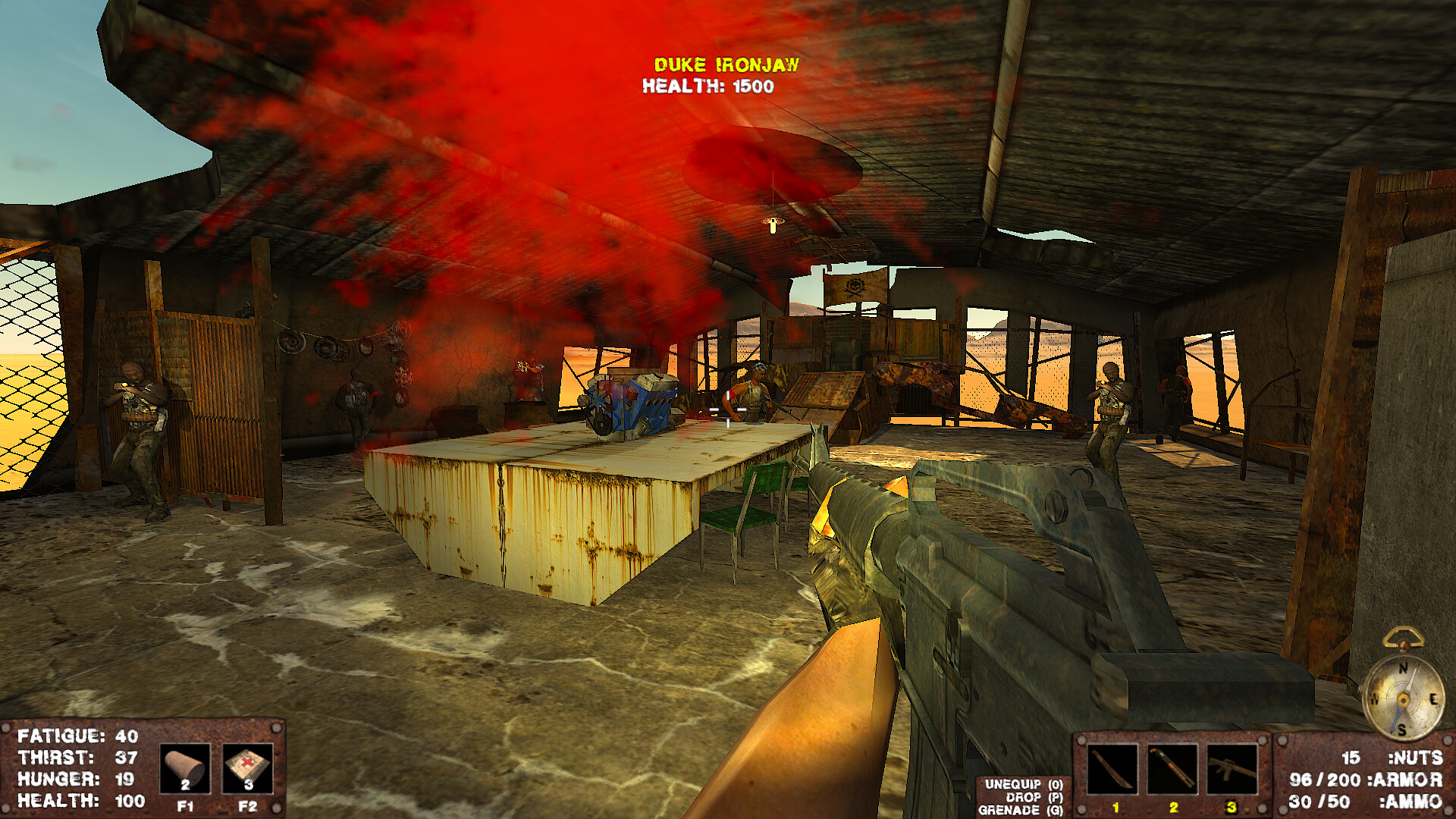 Official Apocalypter screenshot showing combat around a wasteland settlement