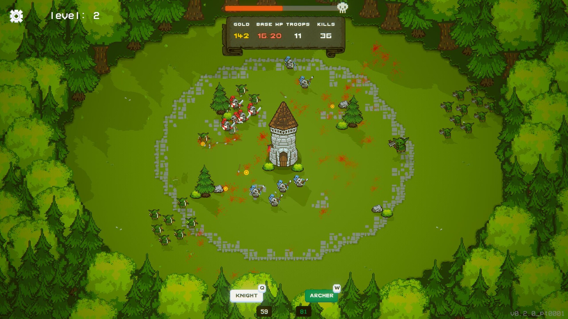 Official Crown Siege screenshot showing an early forest defense with knights, archers, and incoming goblins