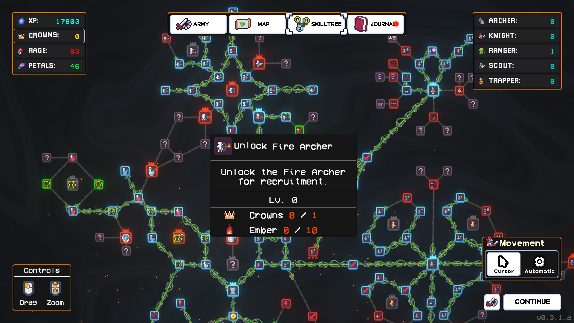 Official Crown Siege screenshot showing the large branching skill tree and a Fire Archer unlock requirement