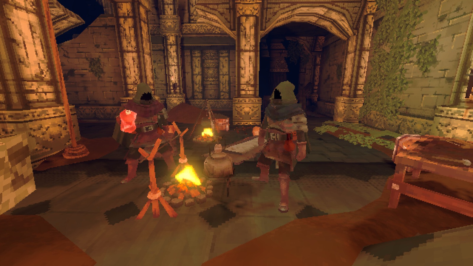 Official Deep Dish Dungeon screenshot showing the camp, crafting, and food-preparation layer