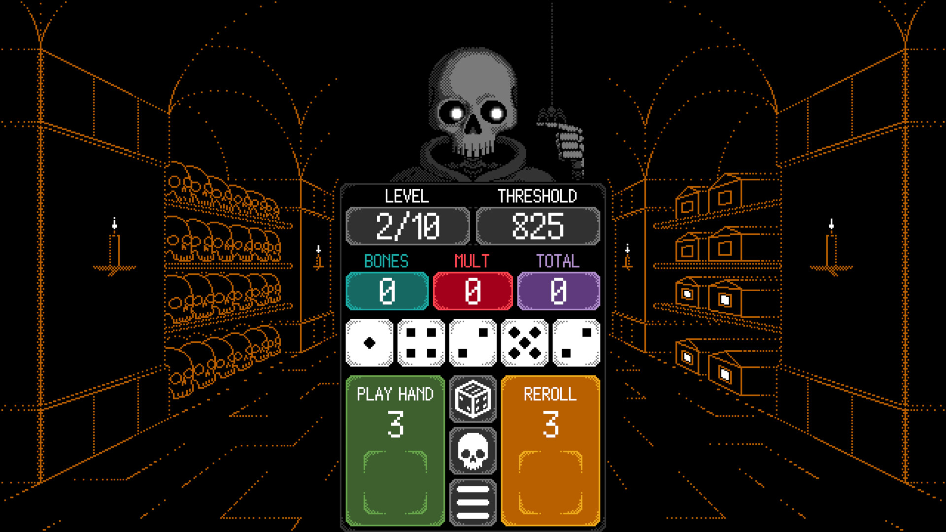Official Dice of Kalma screenshot showing the dice table and skeletal opponent