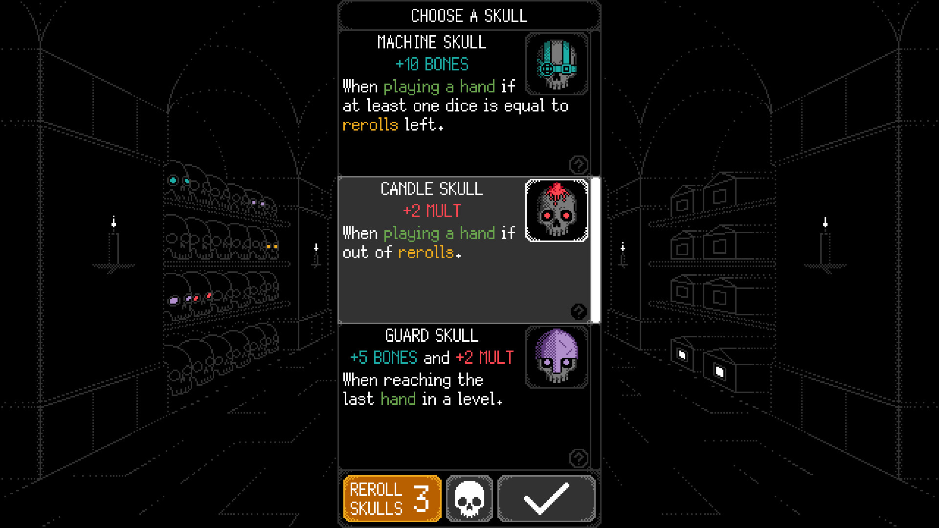 Official Dice of Kalma screenshot showing skull cards and scoring combinations