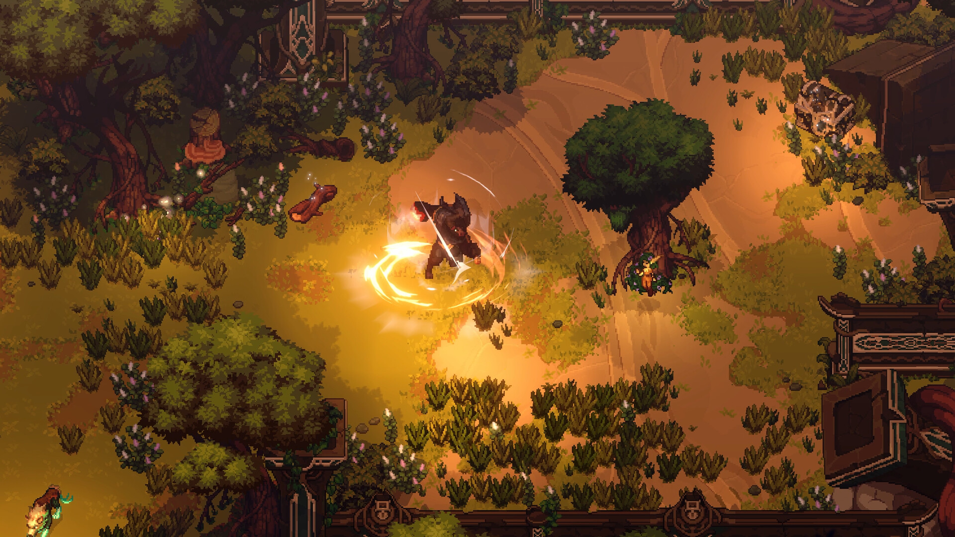 Official Dimraeth screenshot showing pixel-art exploration and a party in the open world