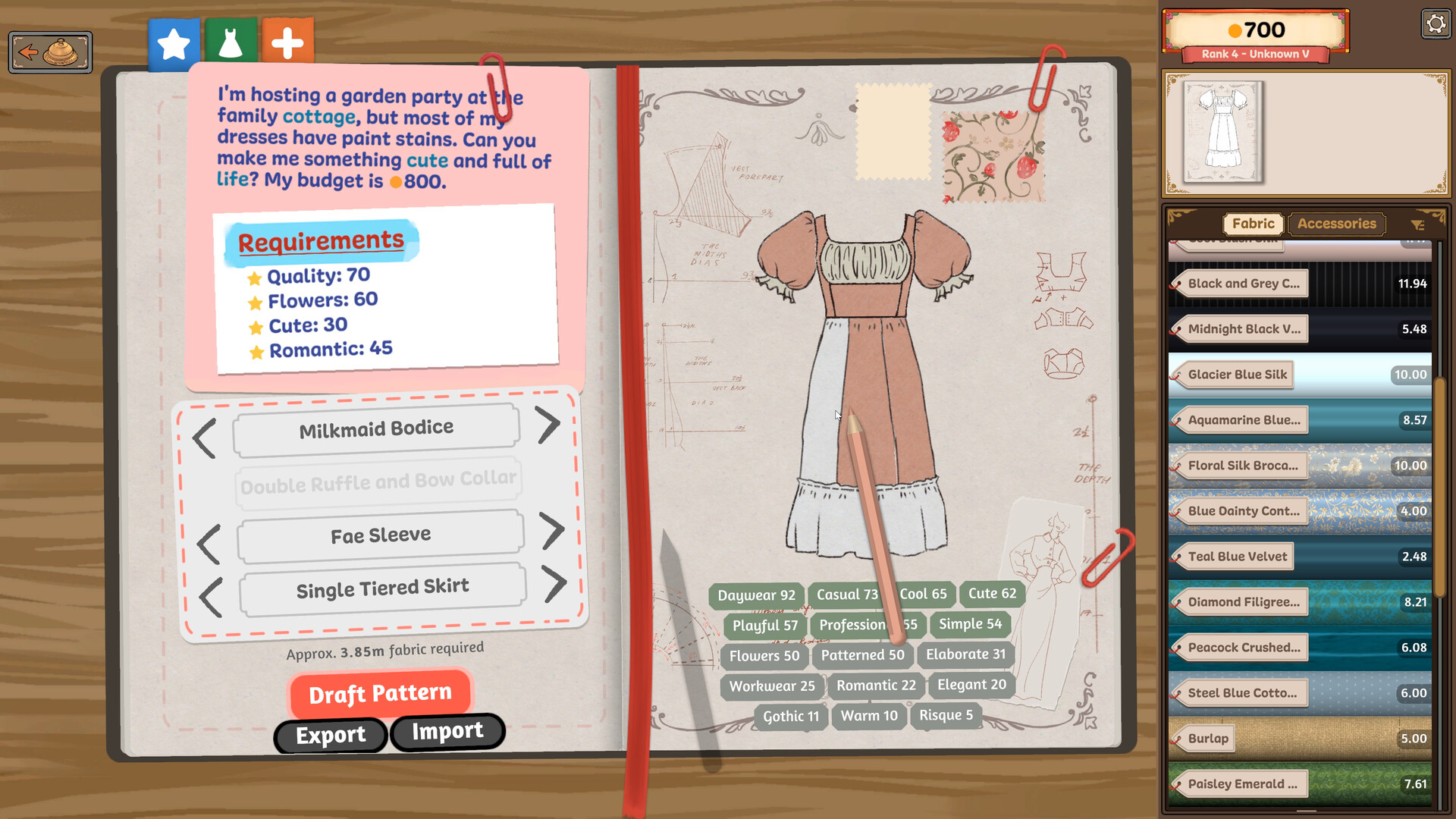 Official Dressmaker screenshot showing a finished garment and detailed textile work