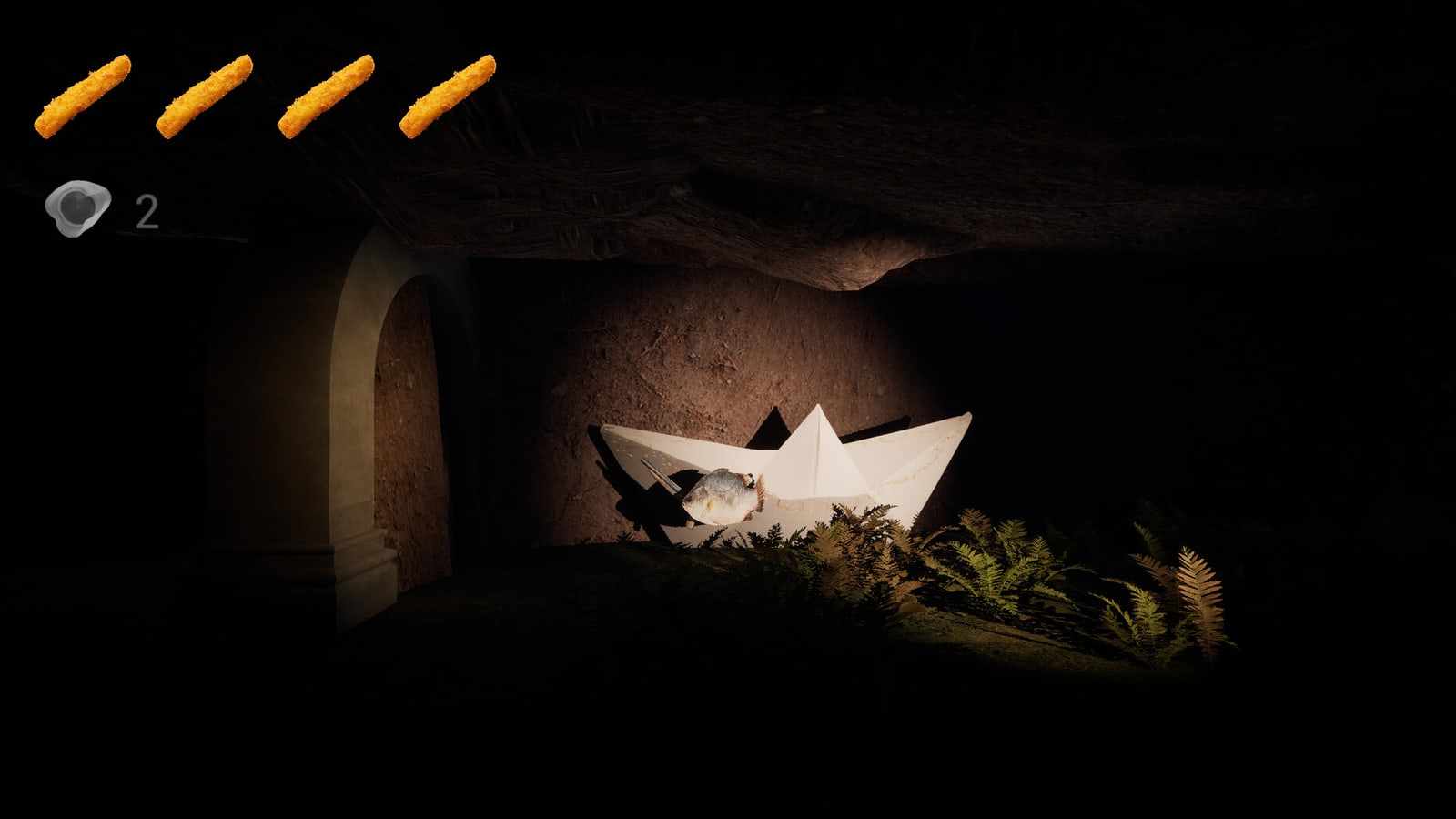 Official Fsh screenshot showing the protagonist moving through a strange high-contrast environment