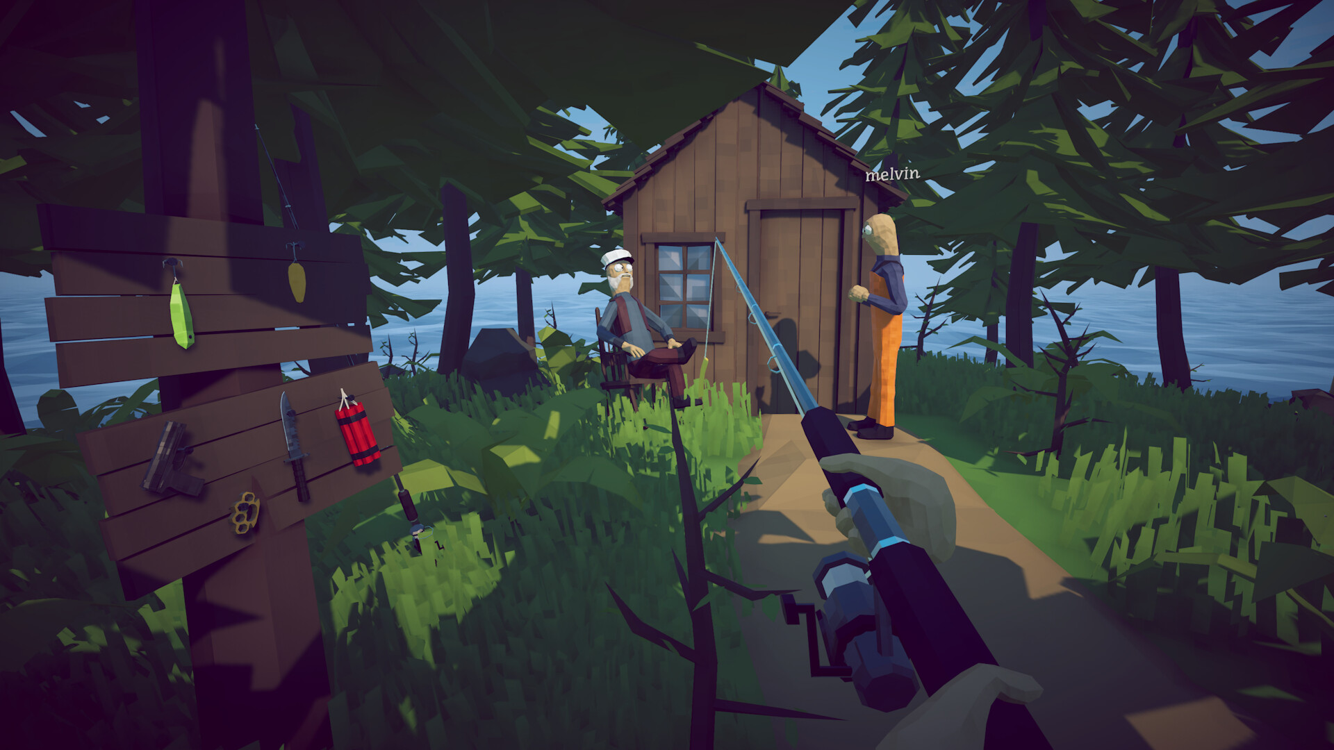 Official How to Fish screenshot showing the boat, fishing action, and physical comedy