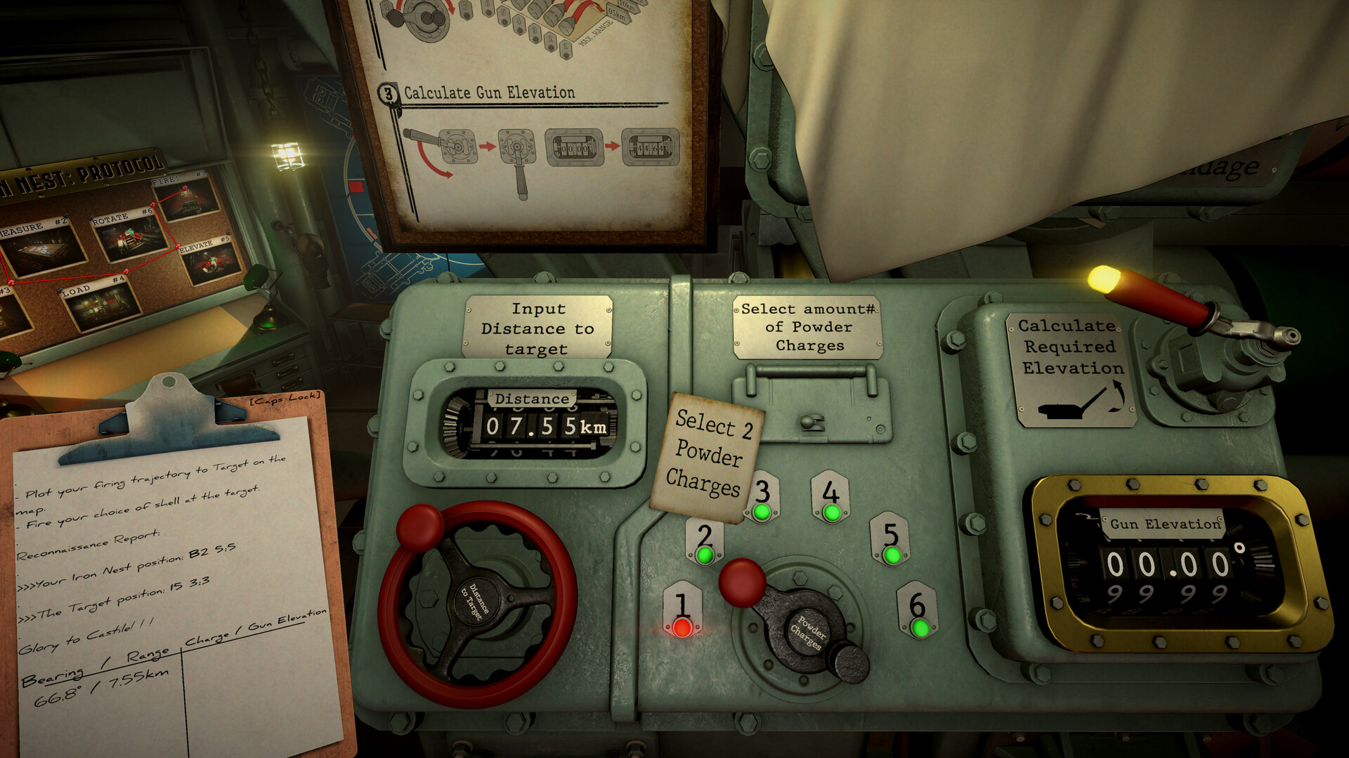 Official IRON NEST screenshot showing map measurement and firing calculations