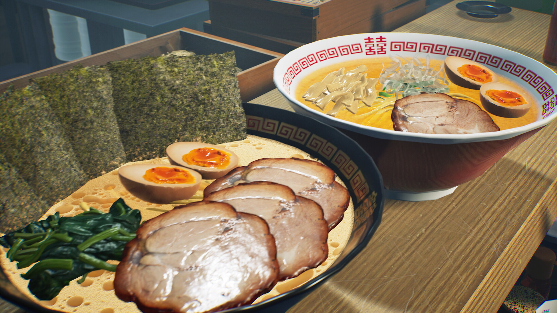 Official Japanese Ramen Simulator screenshot showing food preparation and restaurant work