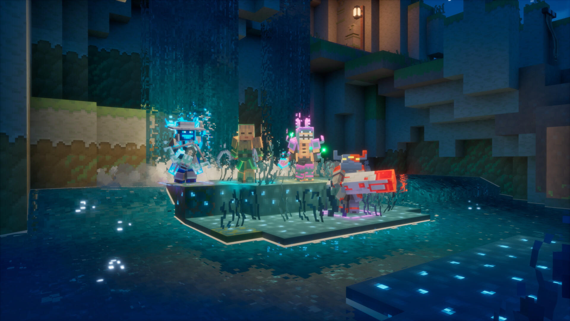 Official Minecraft Dungeons II screenshot showing a party in a combat encounter