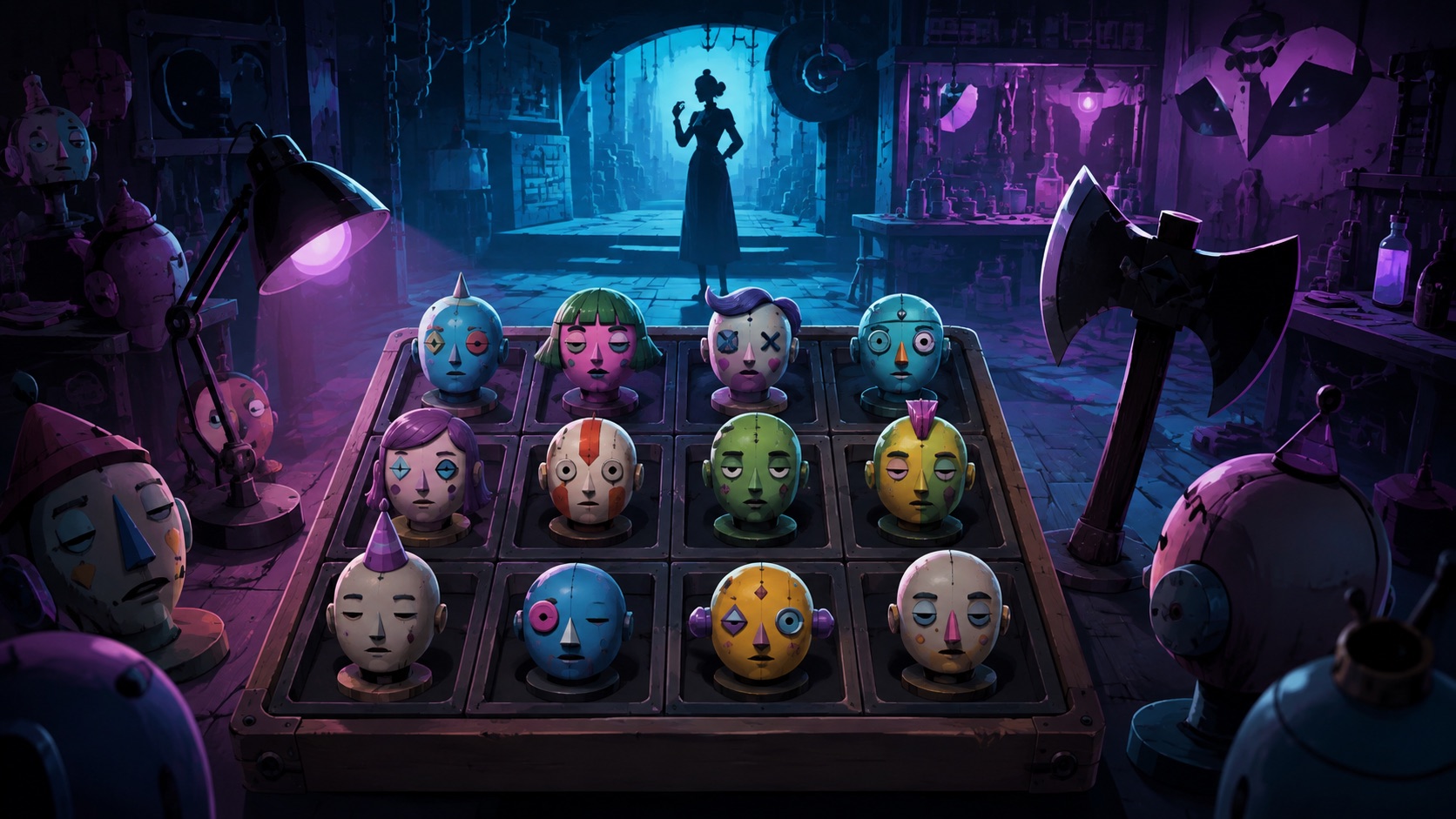 Original editorial illustration of a darkly comic puzzle workshop