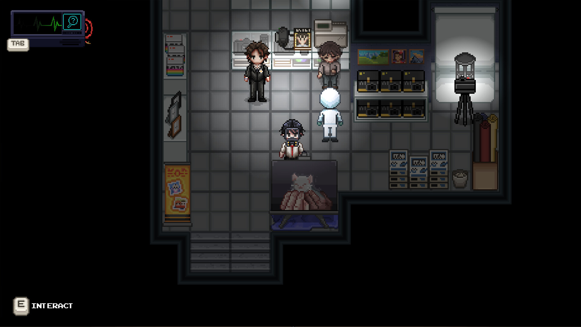 Official screenshot showing character interaction during the investigation