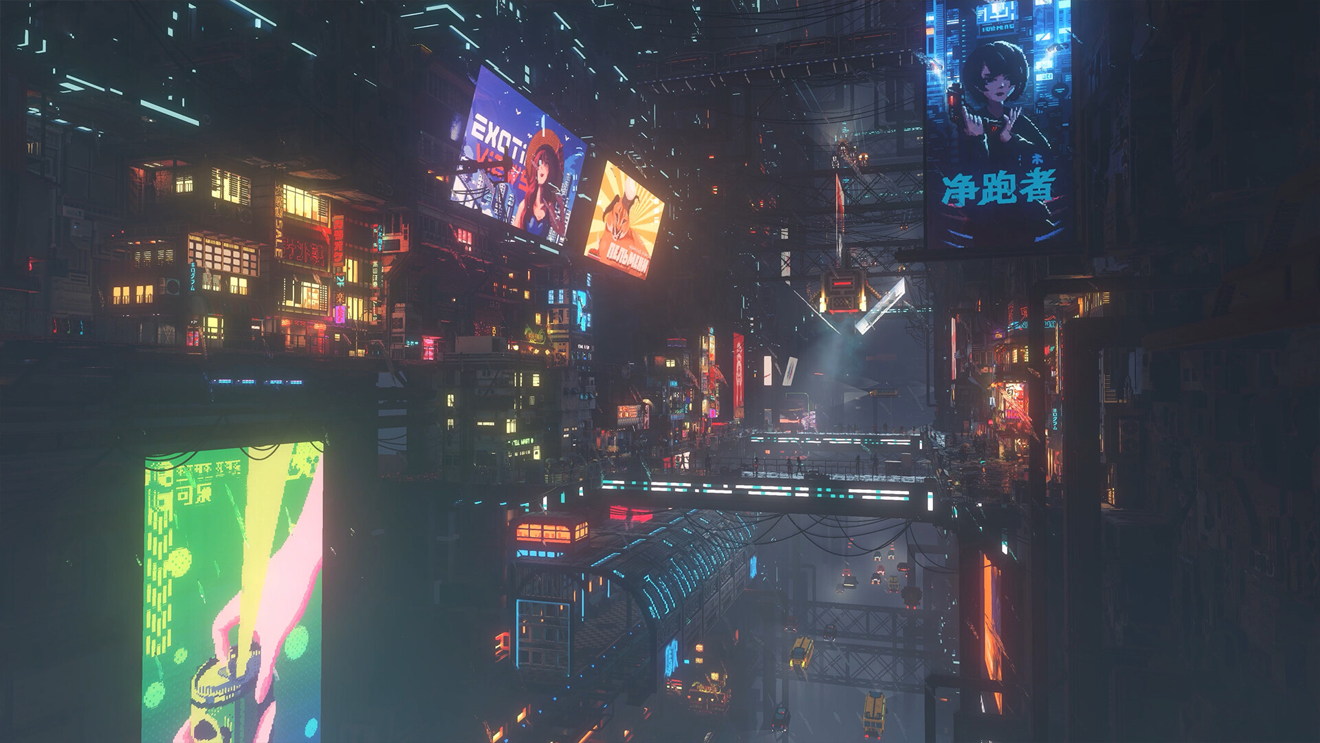 Official Nivalis Nights screenshot showing the vertical cyberpunk city