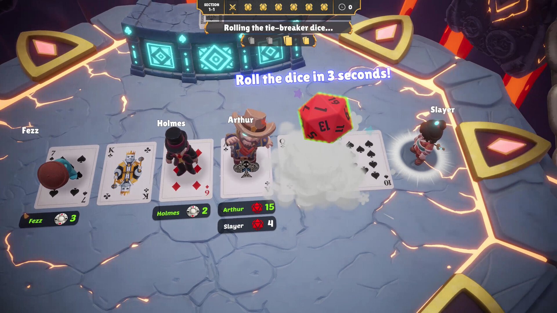 Official One Last Hand scene showing multiple players, relic choices, and a volatile endgame
