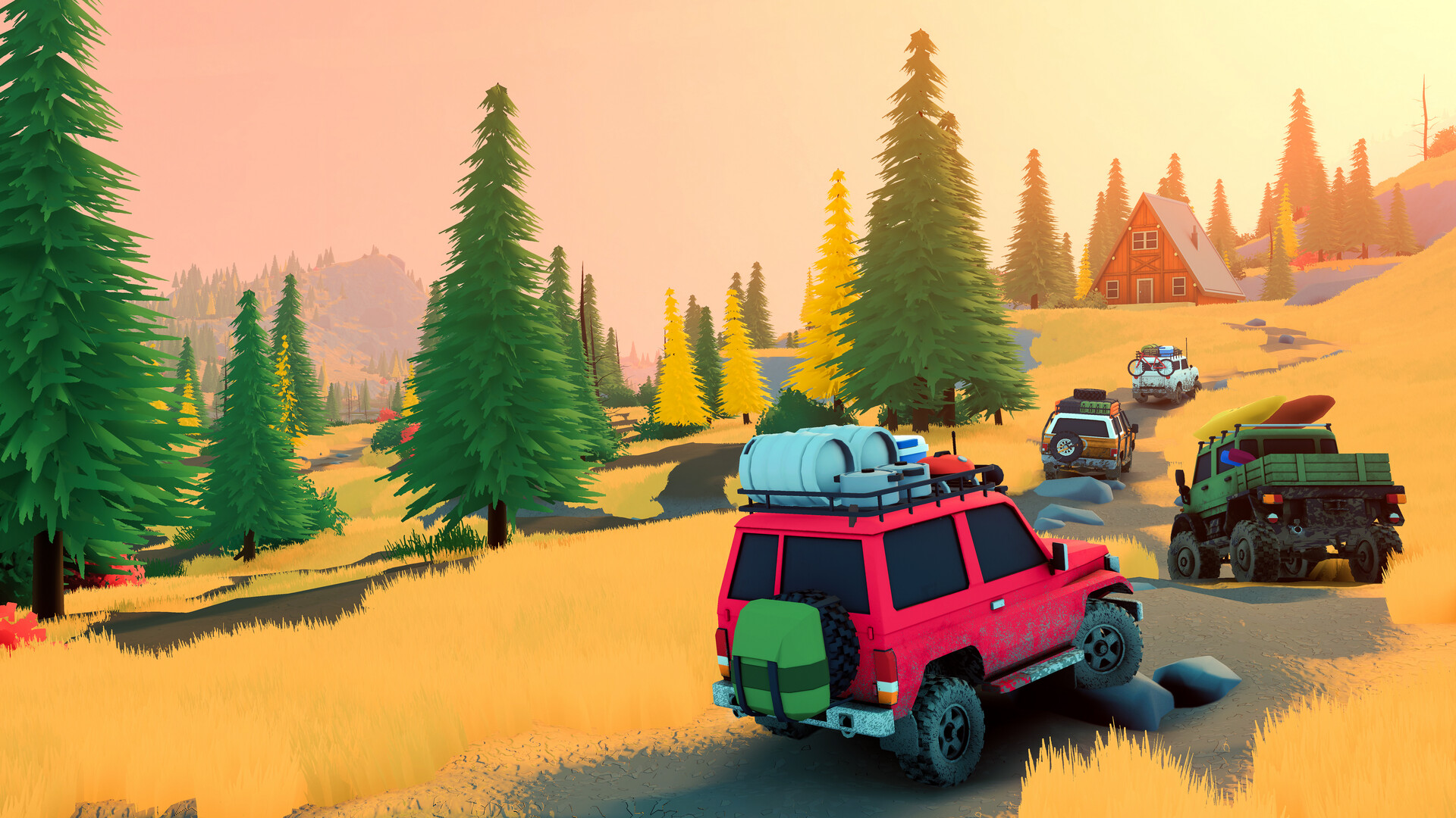 A convoy traverses an open landscape in an official over the hill screenshot