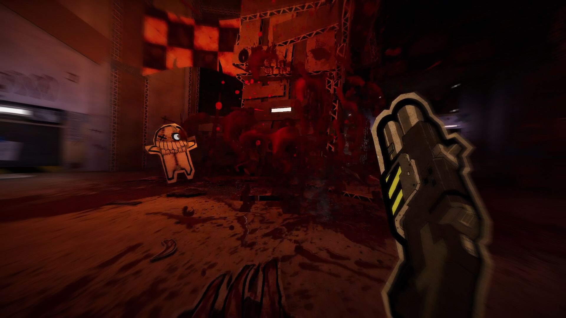 Official PAPERHEAD screenshot showing combat in a cardboard environment