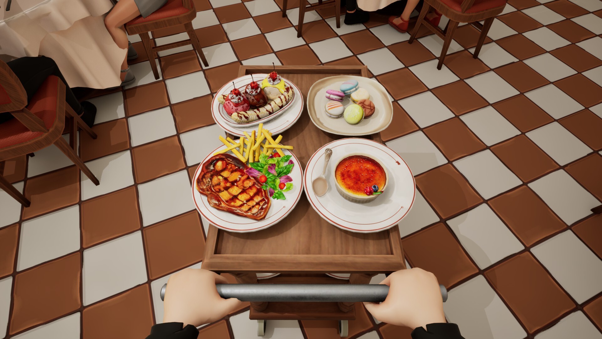 Official Parisian Bistro Simulator screenshot showing a player carrying a full serving trolley through the dining room