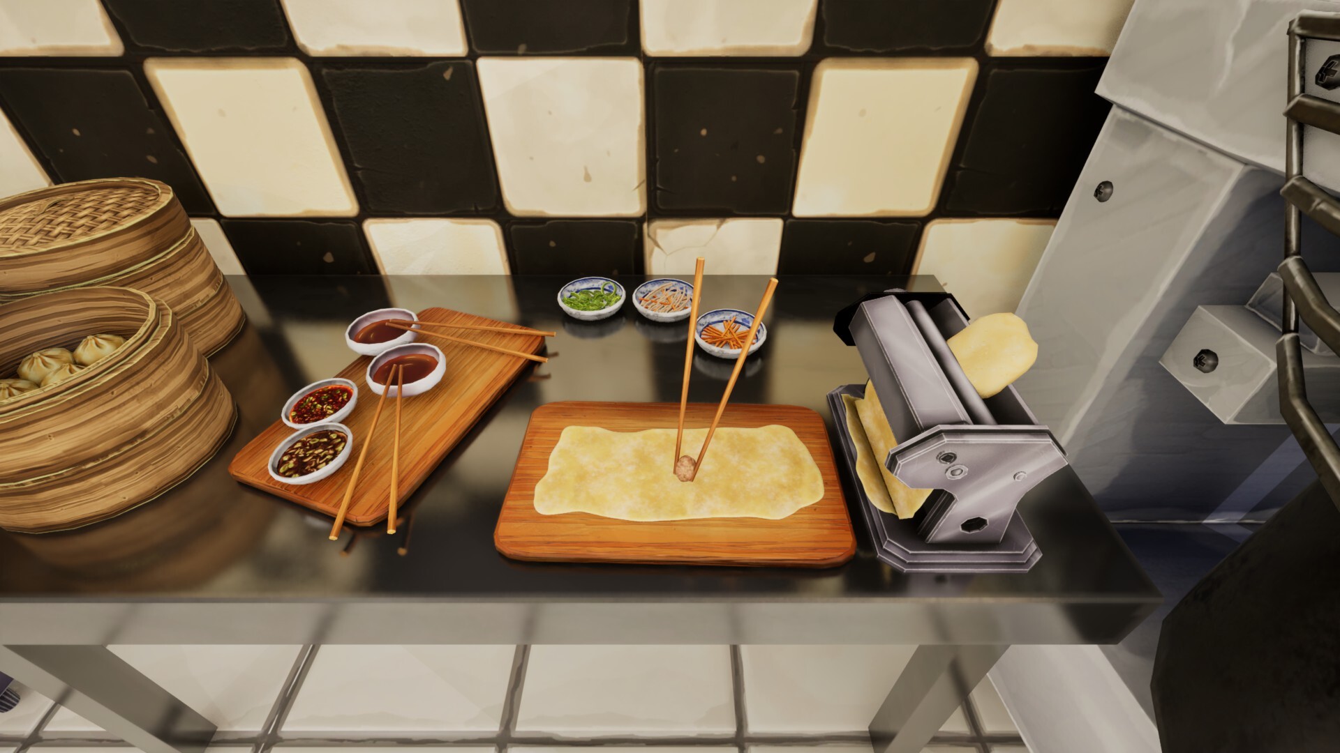 Official Parisian Bistro Simulator screenshot showing hands-on food preparation at a kitchen counter