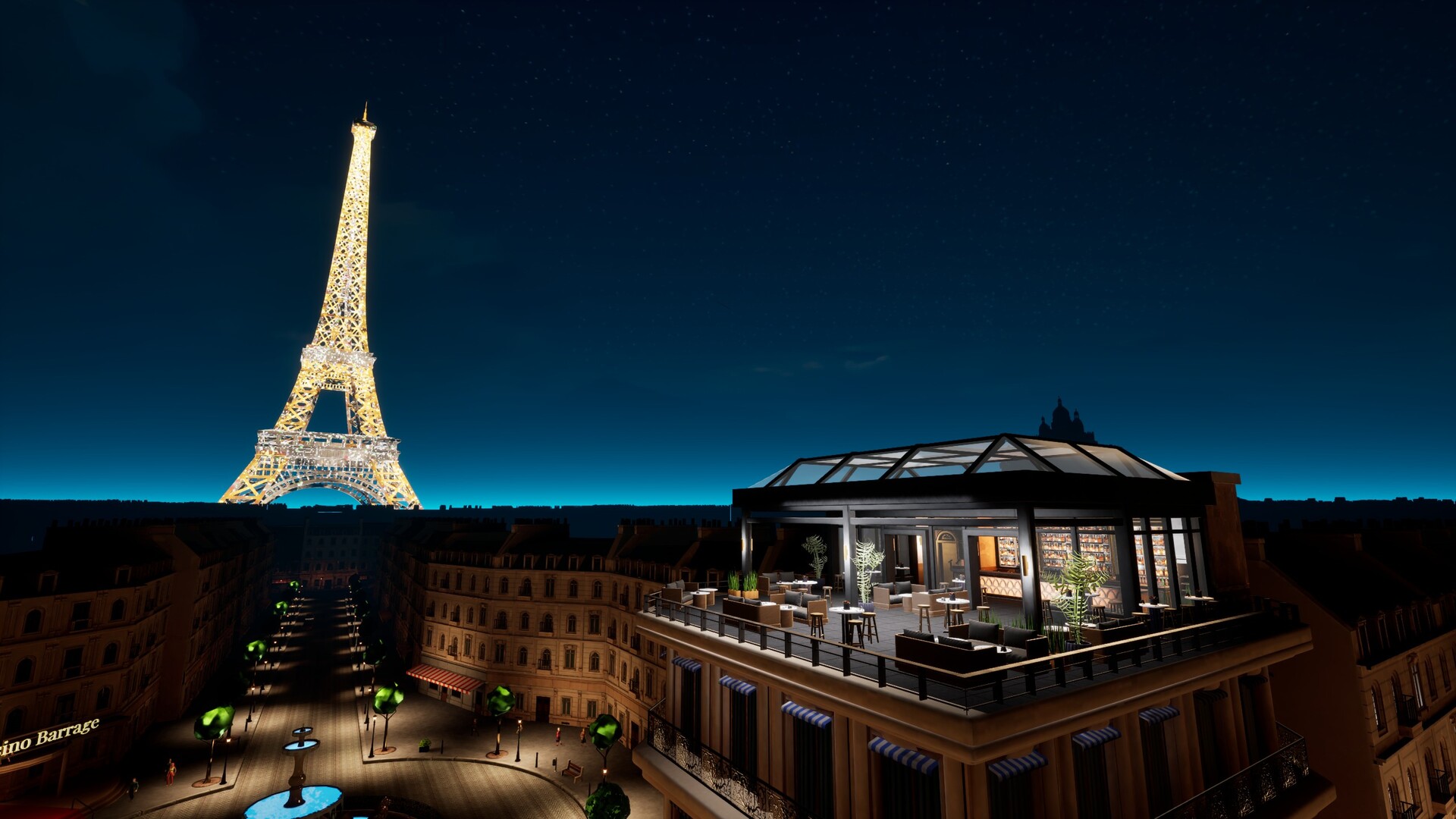 Official Parisian Bistro Simulator screenshot showing the expanded rooftop bistro at night beside the Eiffel Tower