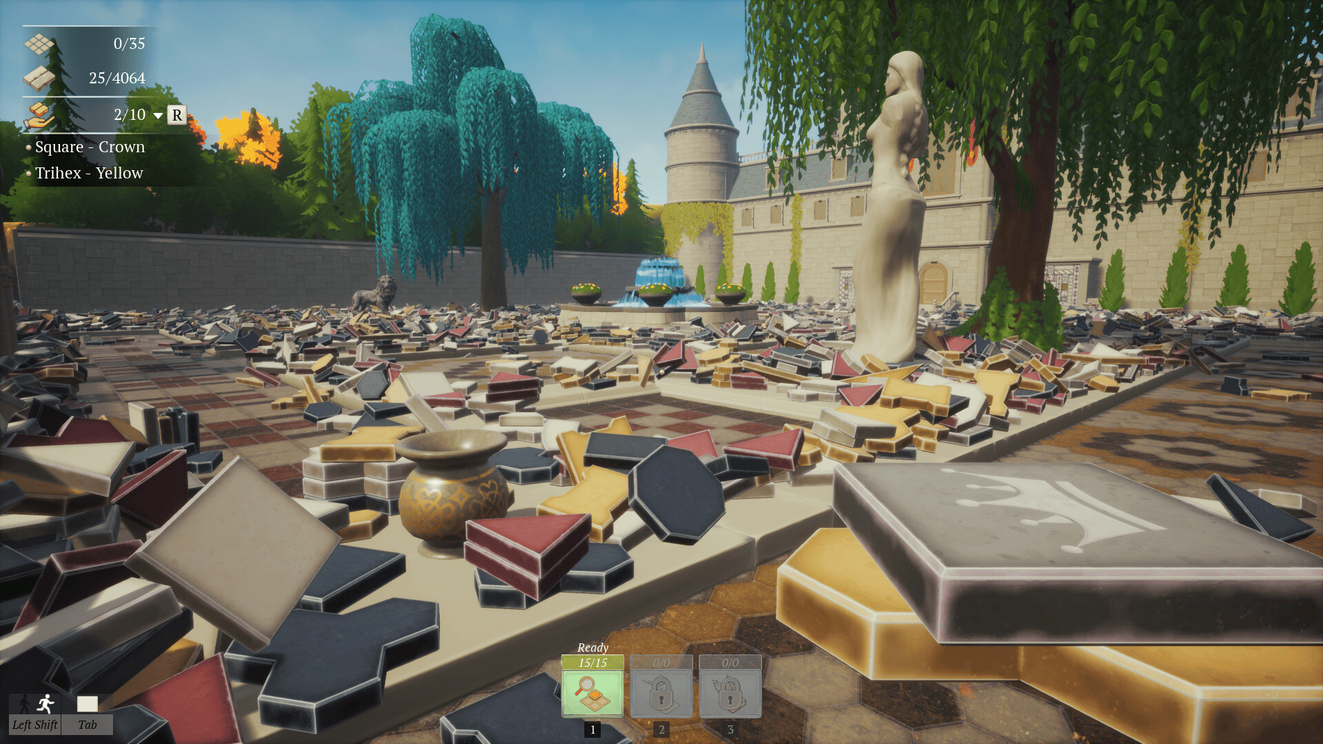 Official Paver screenshot showing thousands of loose colored tiles around an unfinished palace plaza