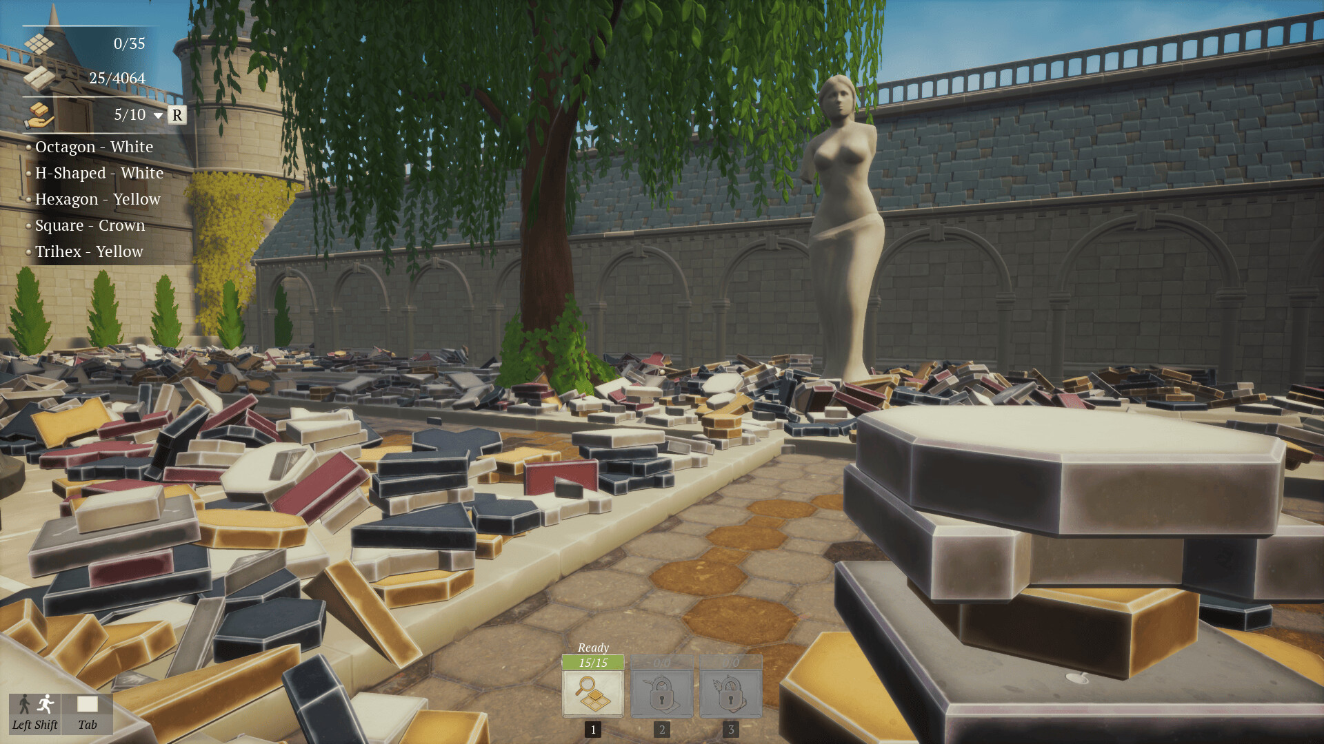 Official Paver screenshot showing the player carrying several different tile shapes through the worksite