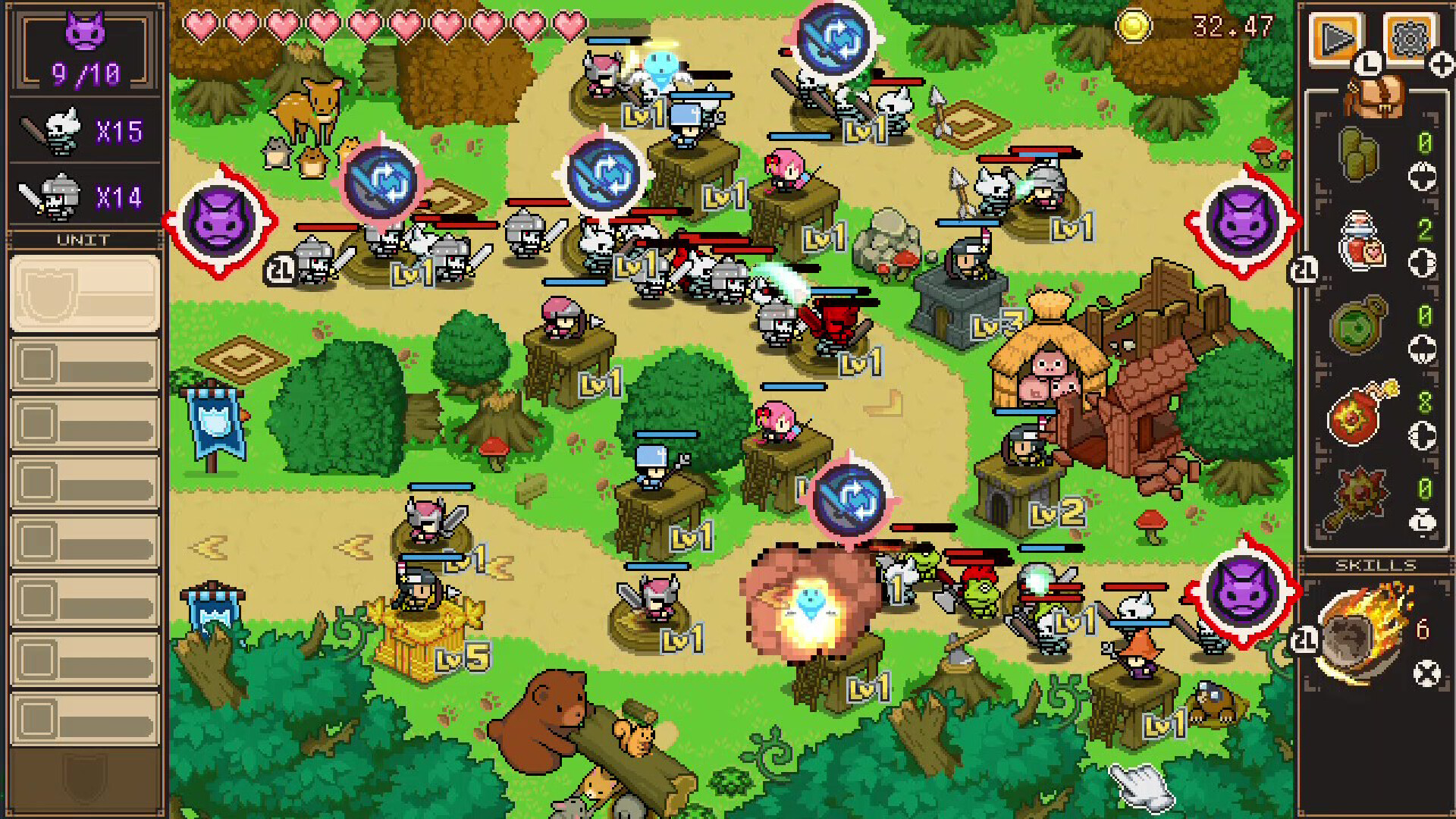 Official PixelHeroScramble Plus screenshot showing fixed routes, unit placement, and enemy waves