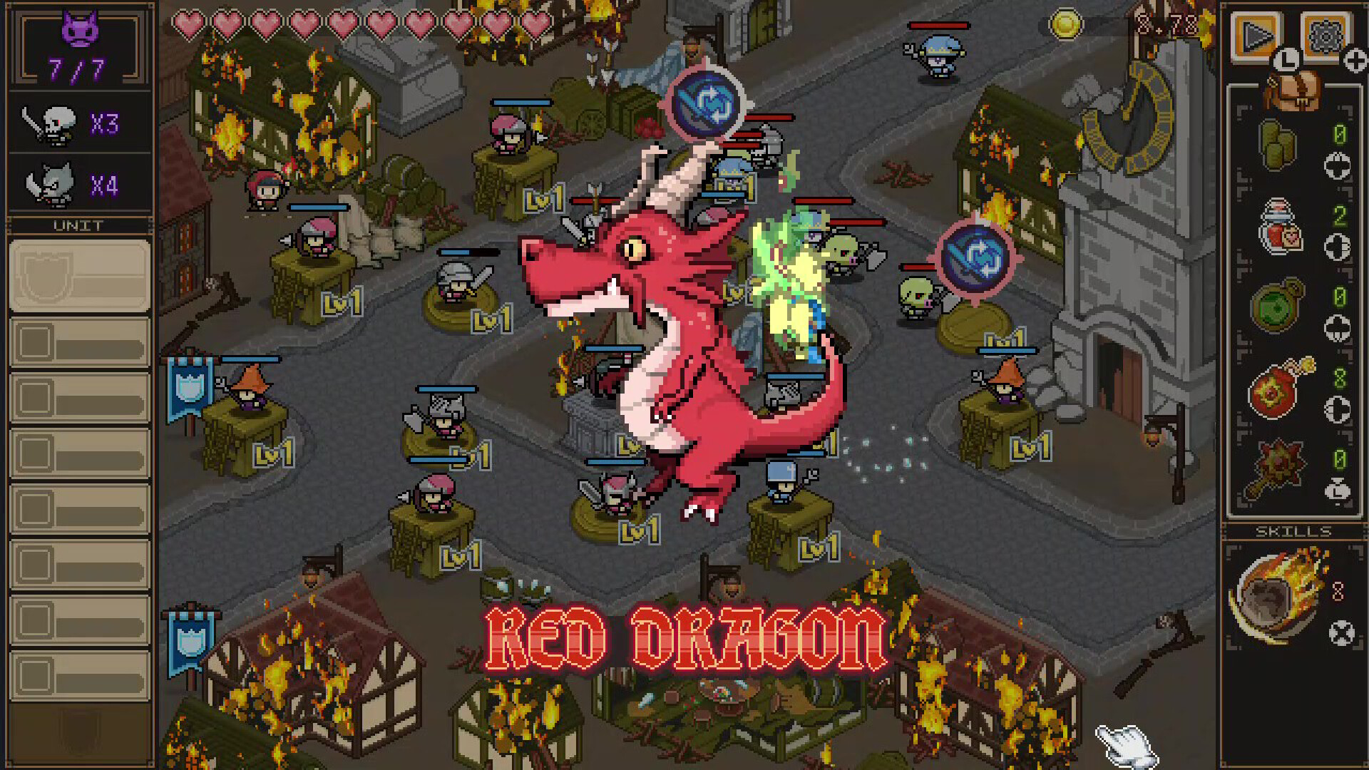 Official PixelHeroScramble Plus screenshot showing multiple pixel units and battlefield effects