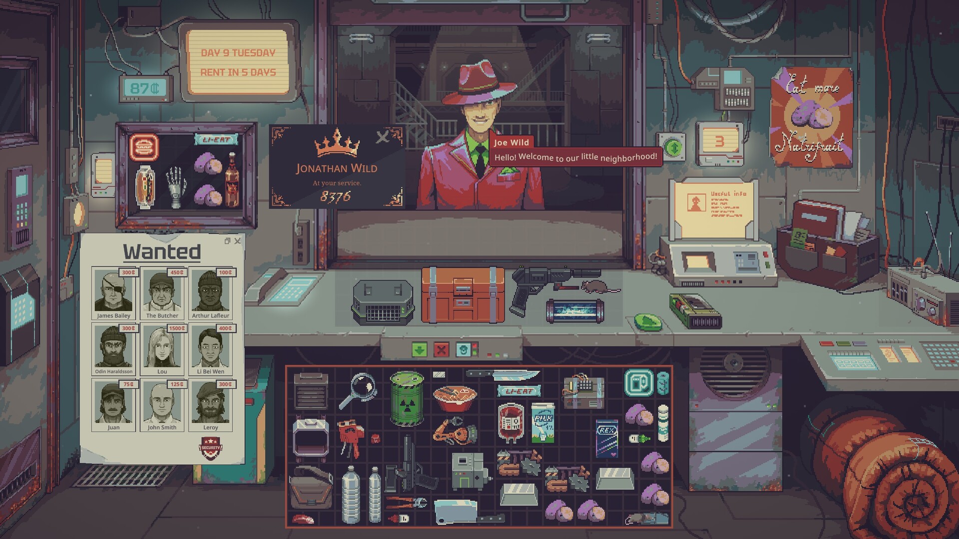 Official Probably Stolen screenshot showing the cyberpunk shopkeeping environment