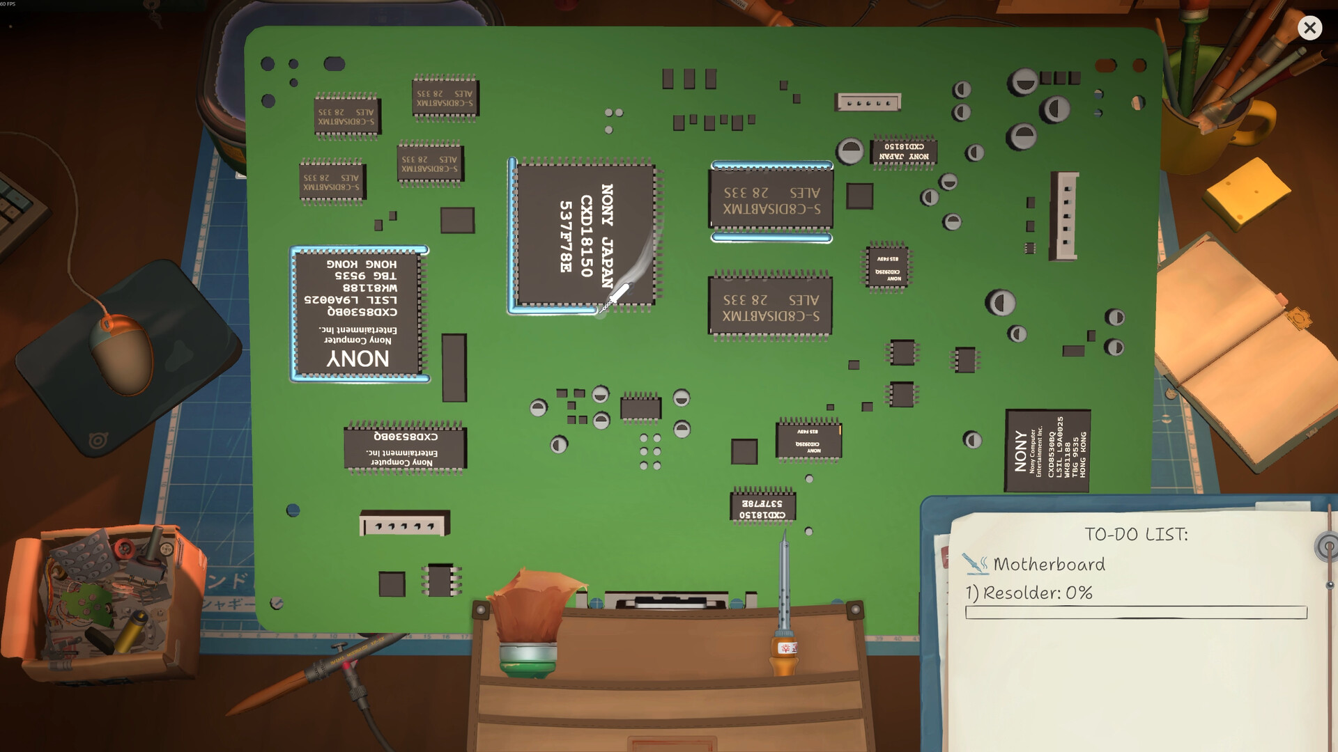 Official ReStory screenshot showing close-up component work and the game's repair interface