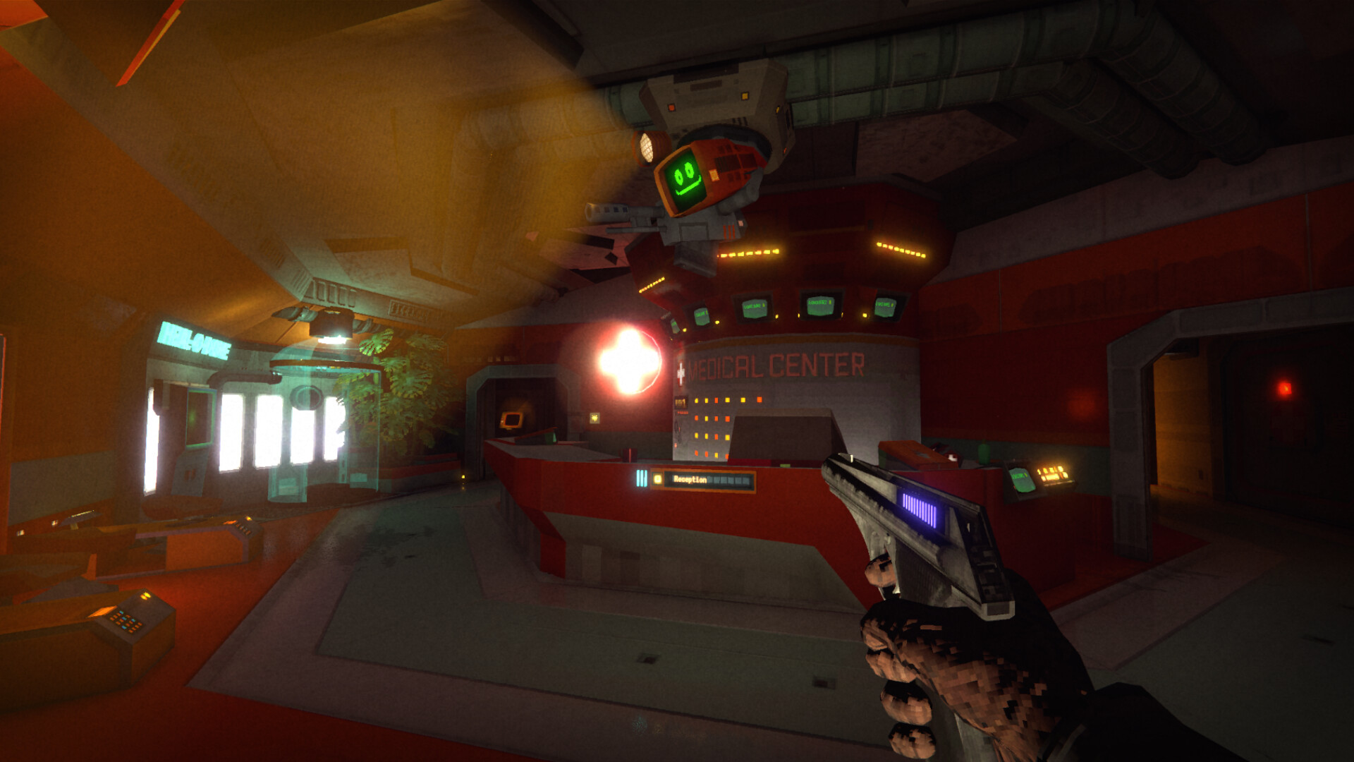 Official RetroSpace screenshot showing the Aurora 5 station's retro-futurist corridors