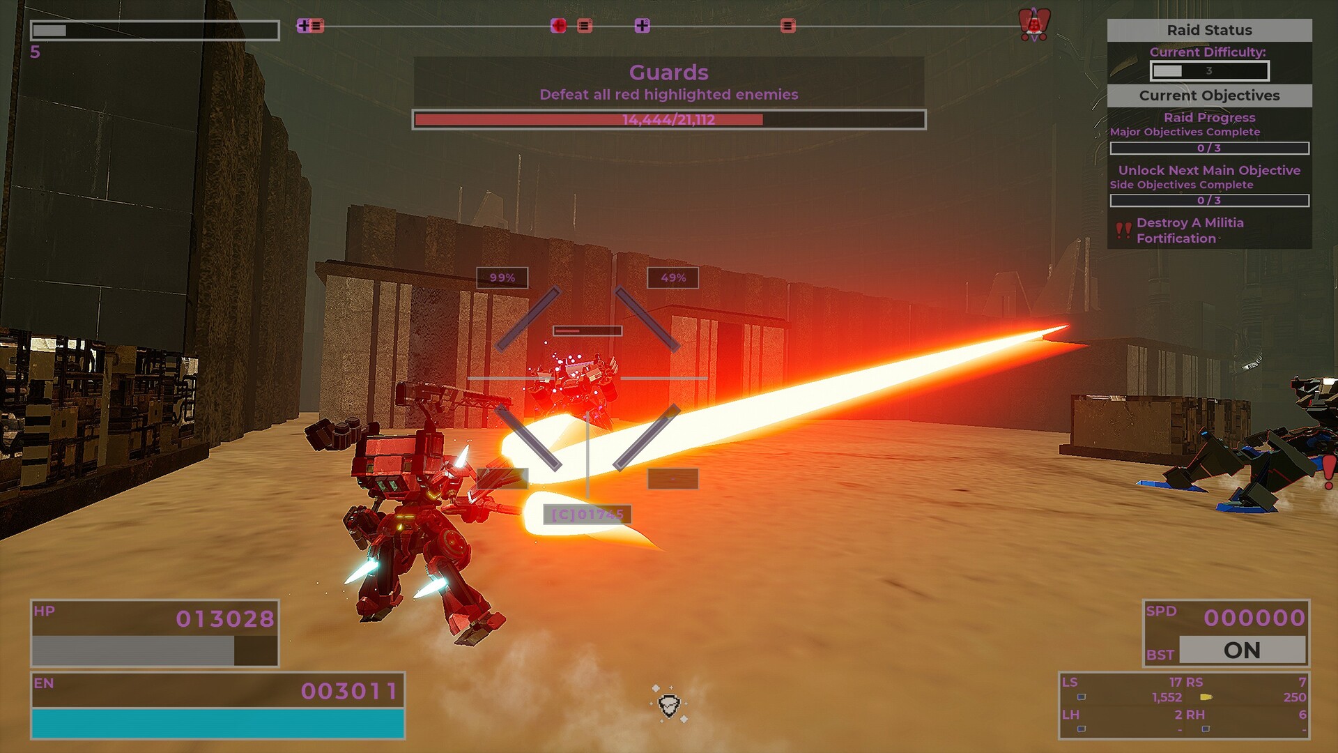 Official RIG Riot screenshot showing multiple weapon systems and a large enemy encounter