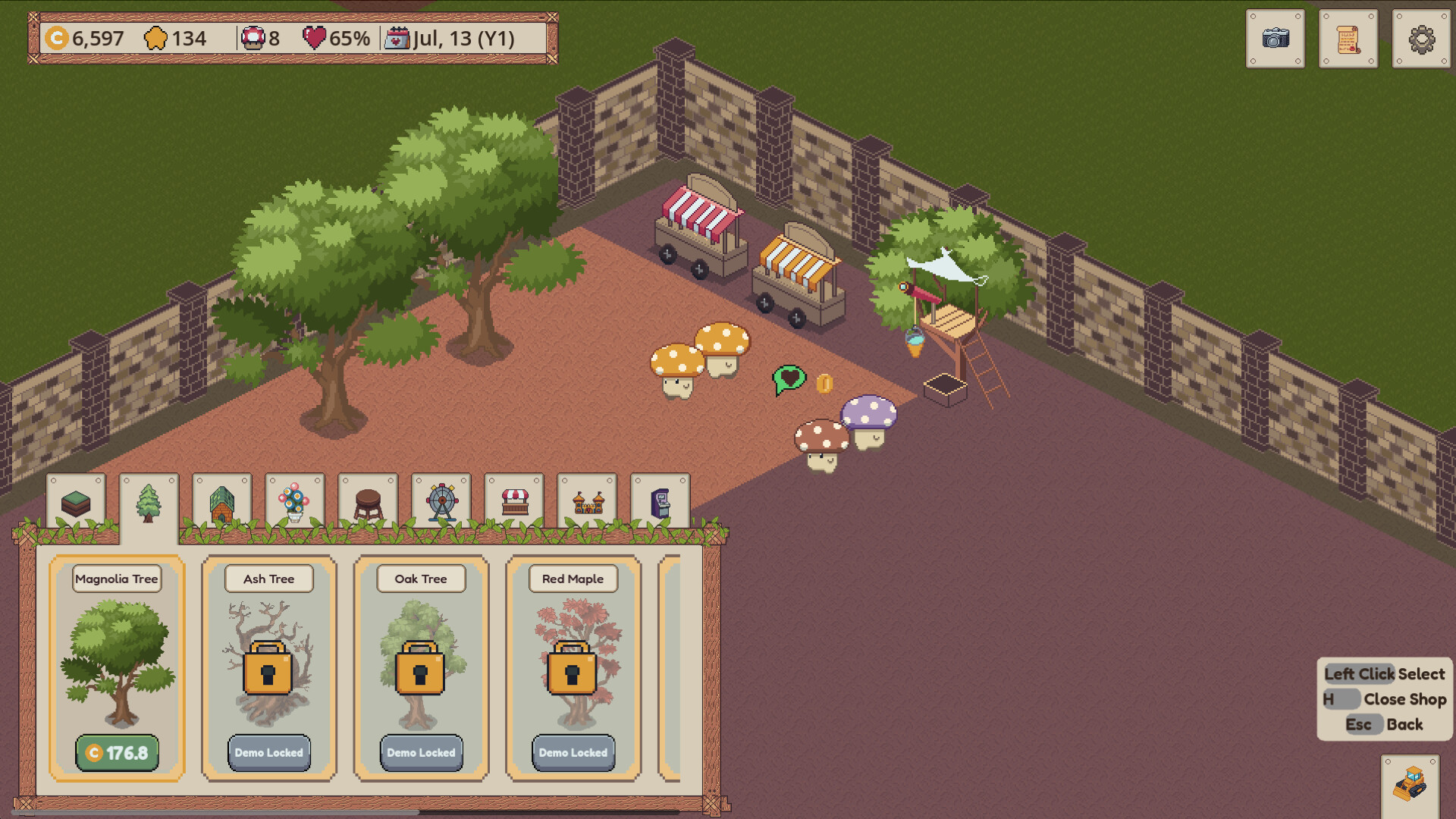 Official Shroomy Garden screenshot showing a modular garden, paths, buildings, and tiny visitors