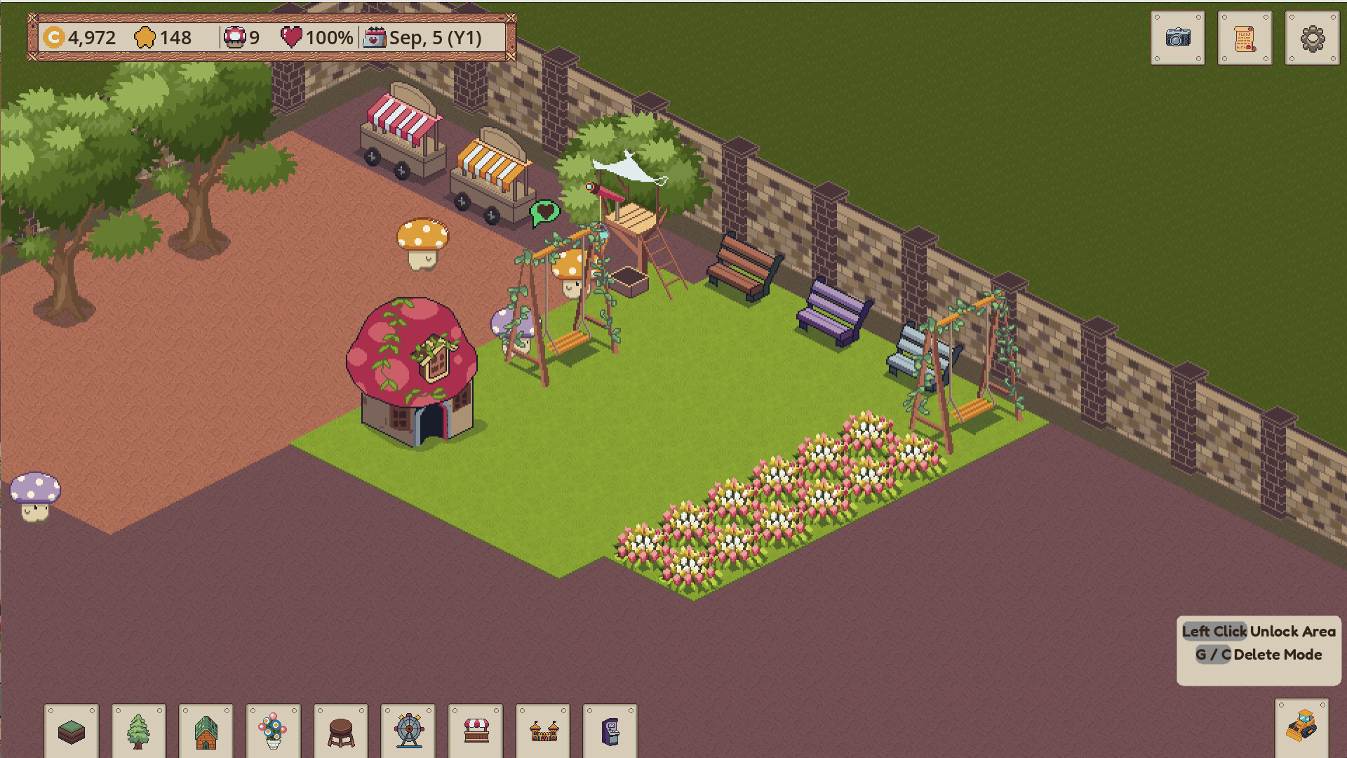 Official Shroomy Garden screenshot showing a larger landscaped park and its modular construction style