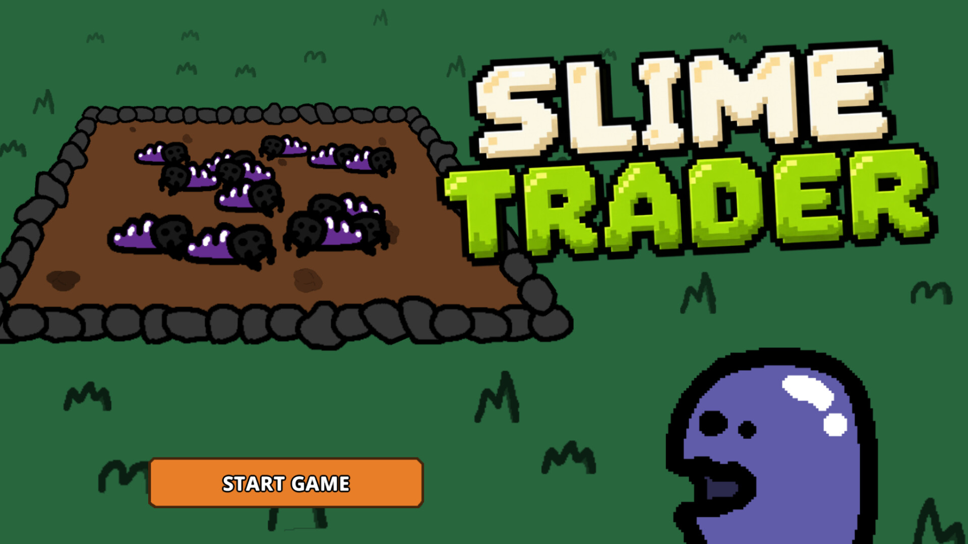 Official Slime Trader screenshot showing pixel-art slimes defending a pen