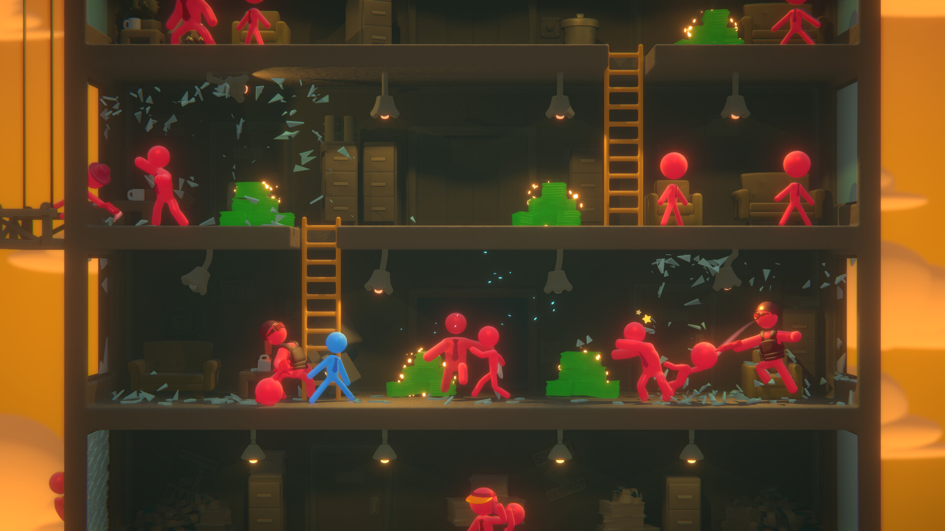 Official Stick It to the Stickman screenshot showing a crowded office brawl