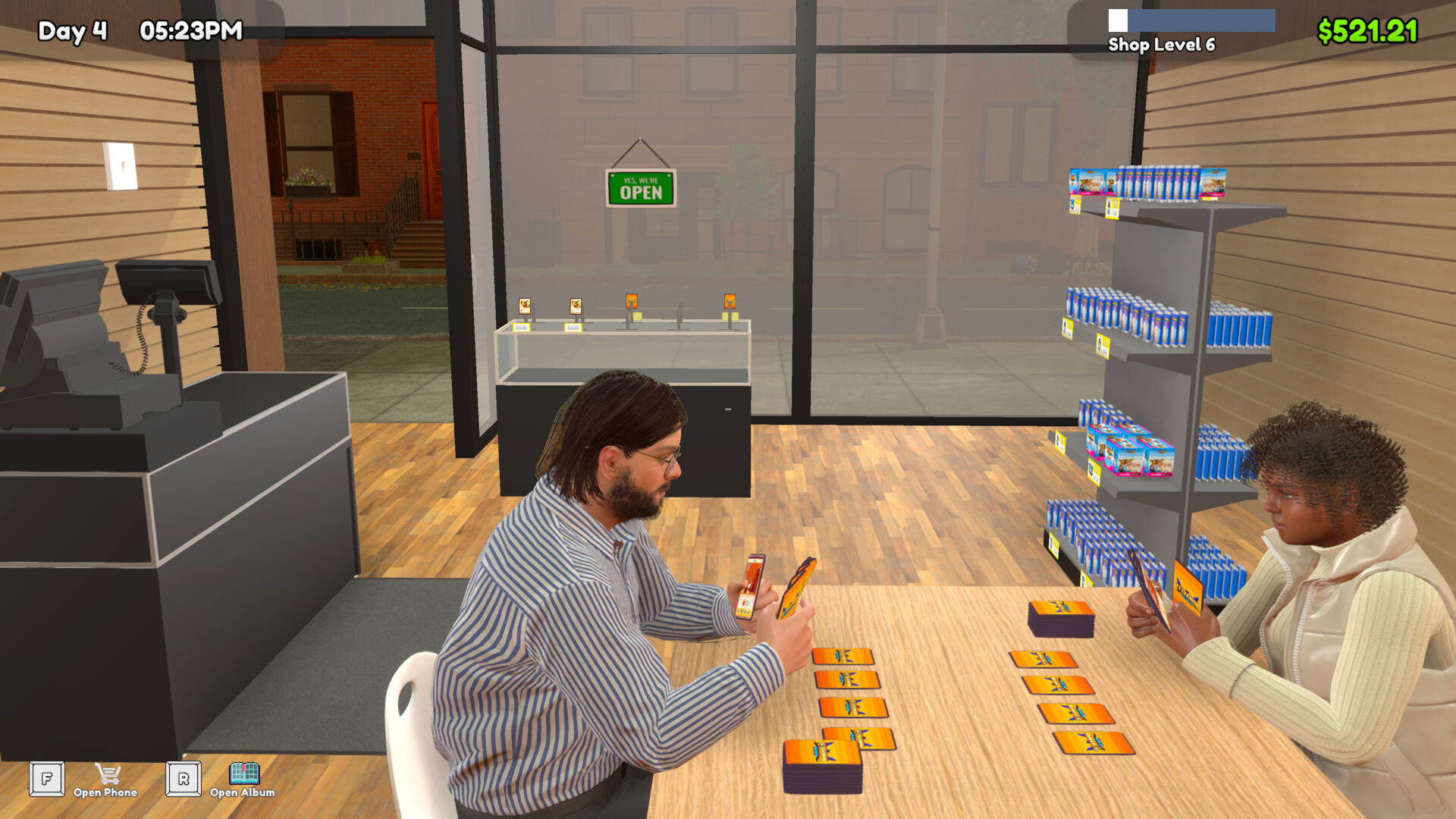 Official TCG Card Shop Simulator screenshot showing the shop floor and stocked card displays