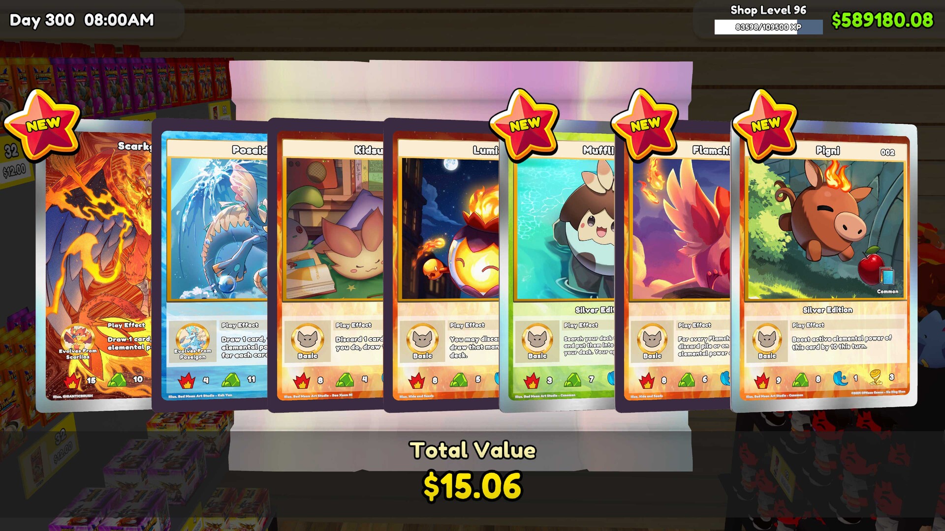 Official TCG Card Shop Simulator screenshot showing pack opening and collectible cards