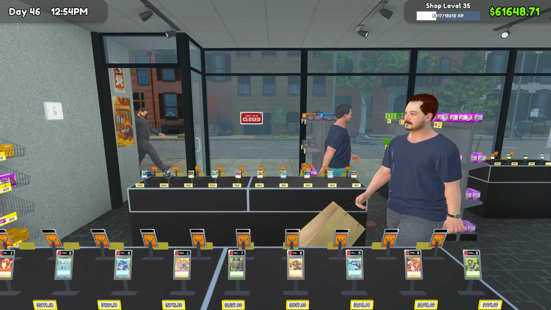 Official TCG Card Shop Simulator screenshot showing customers and a larger developed shop