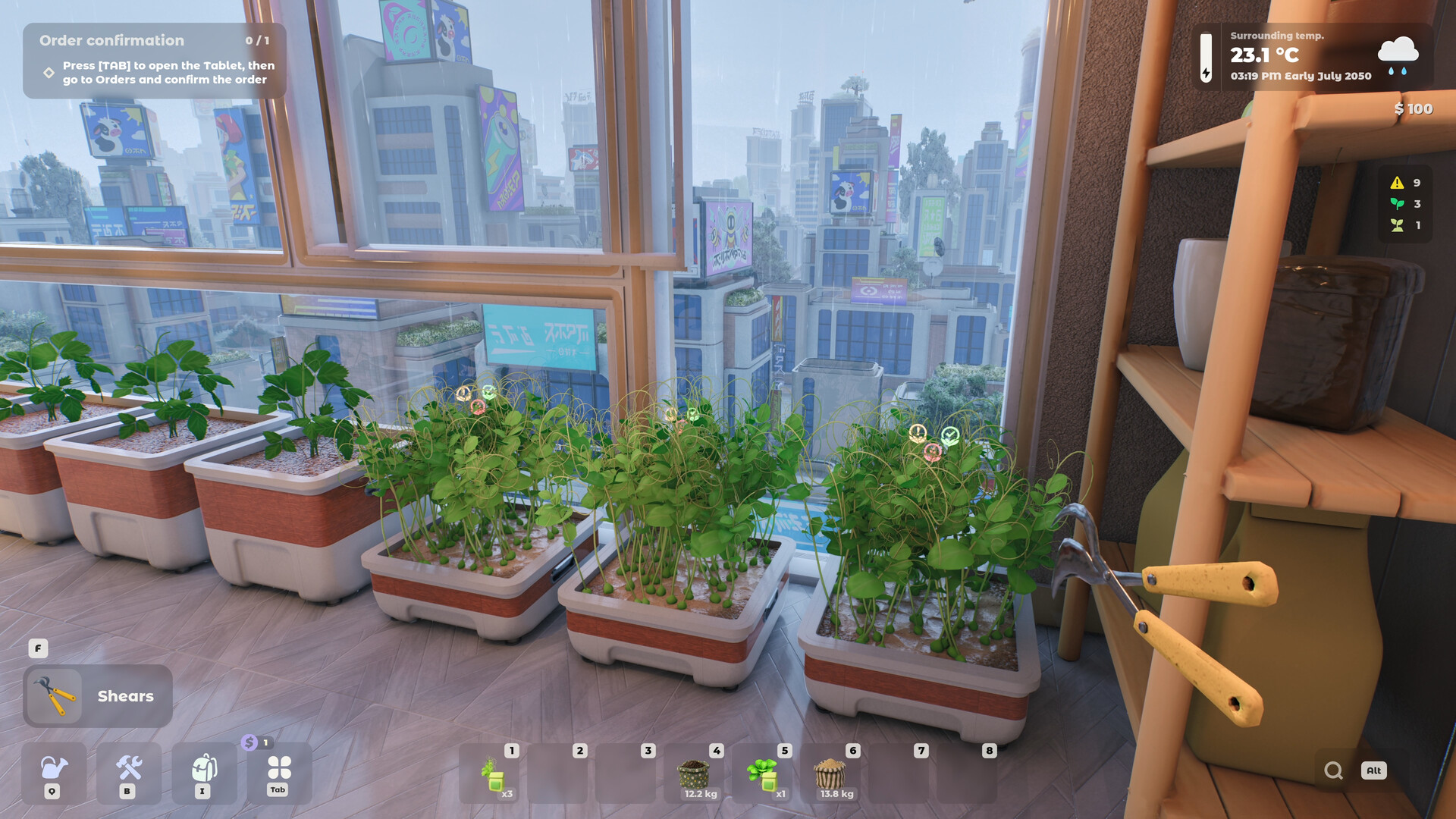 Official Tiny Eden screenshot showing a more developed apartment garden and expanded systems