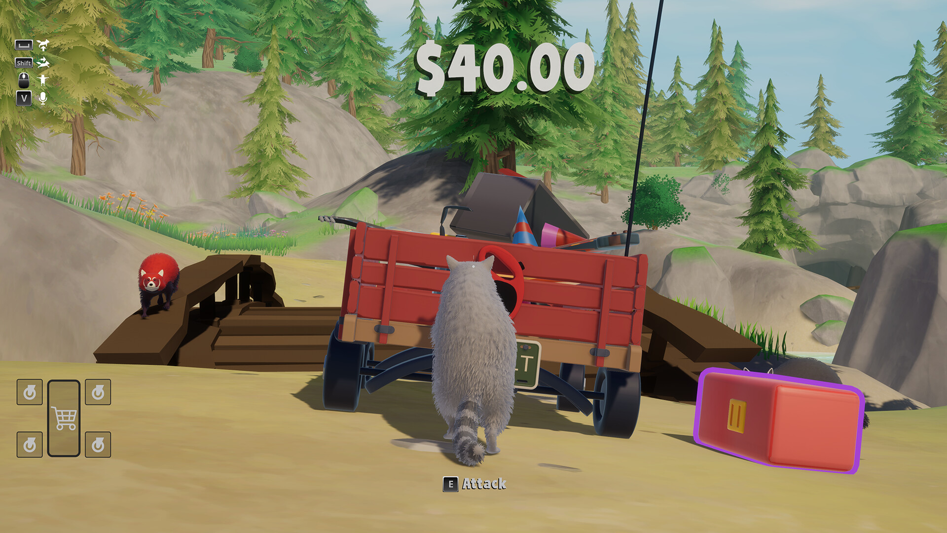 Official Trash Day screenshot showing raccoons coordinating around the wagon