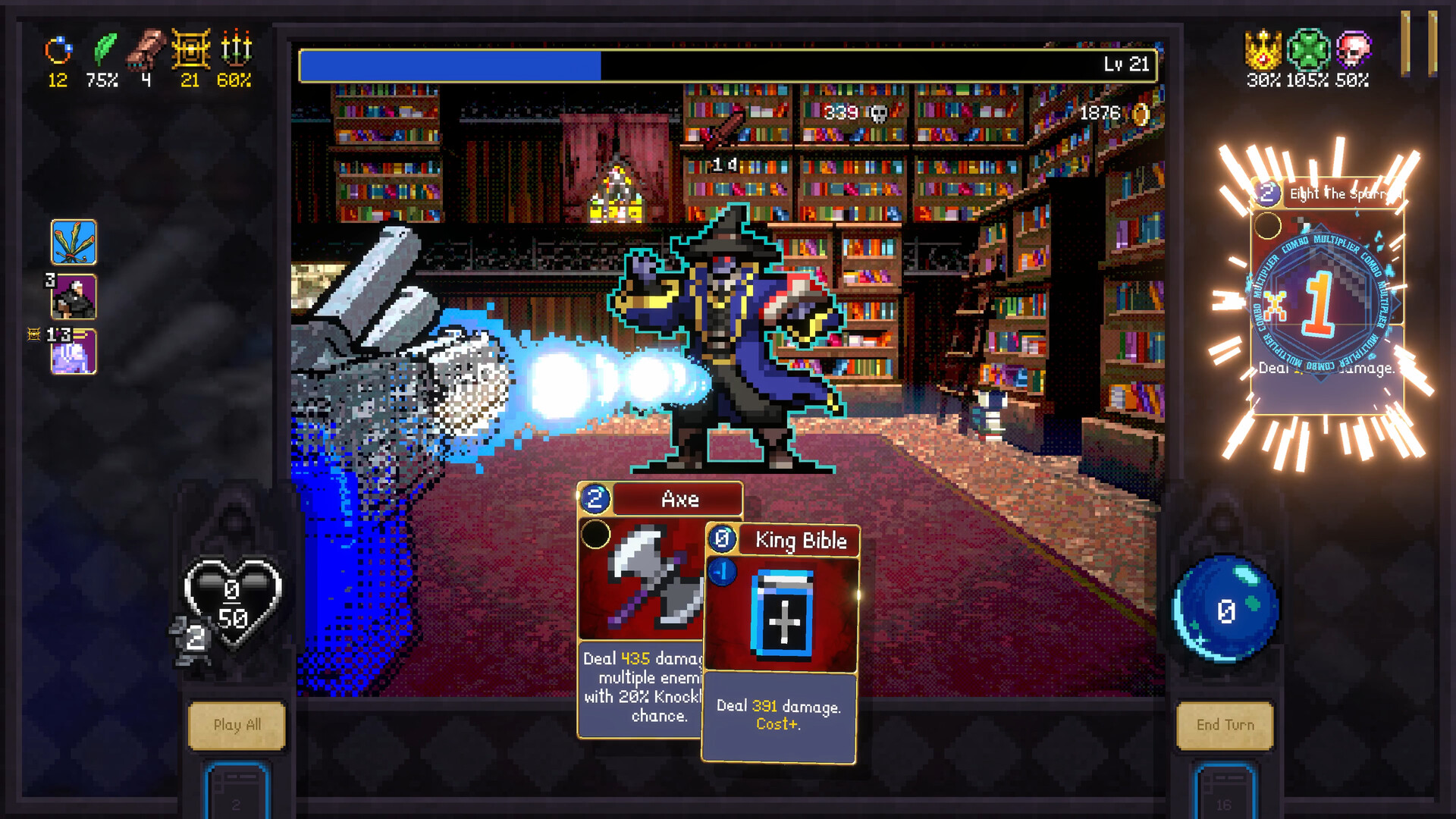 Official Vampire Crawlers screenshot showing card choices, mana sequencing, and escalating combat effects