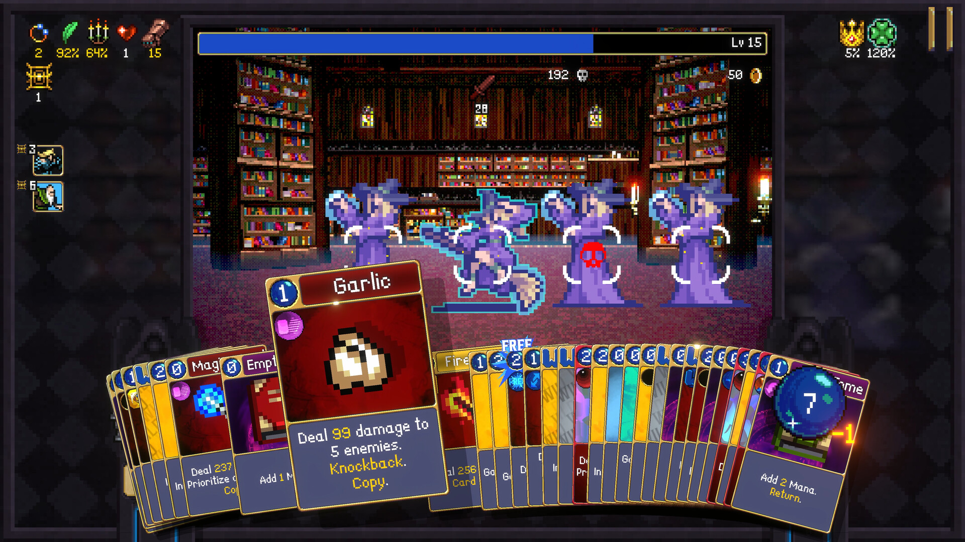 Official Vampire Crawlers screenshot showing a late-run dungeon battle with a dense chain of effects