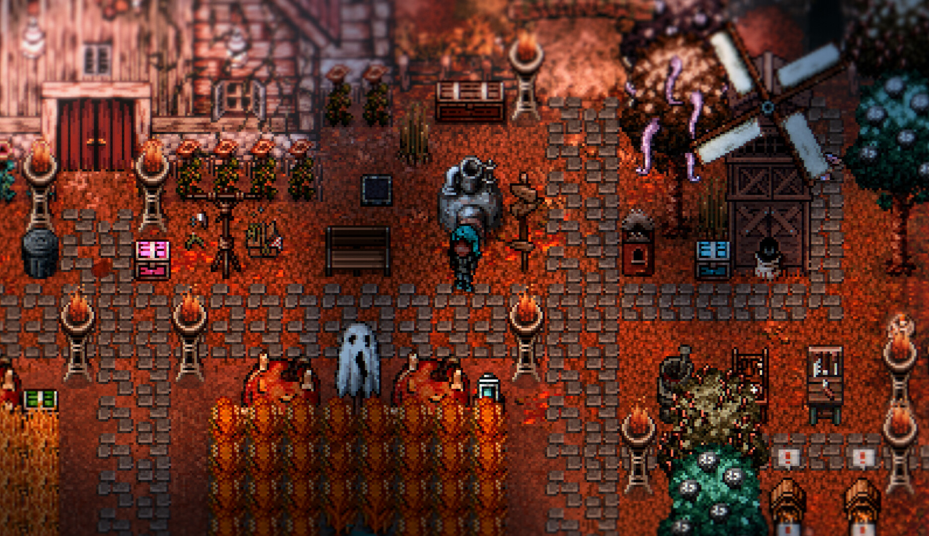 Official Welcome to Elderfield screenshot showing turn-based combat and the game's horror contrast