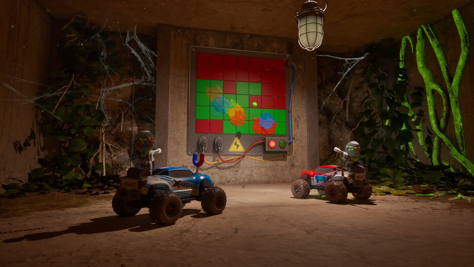 Official WheelMates screenshot showing the two RC cars navigating an oversized laboratory
