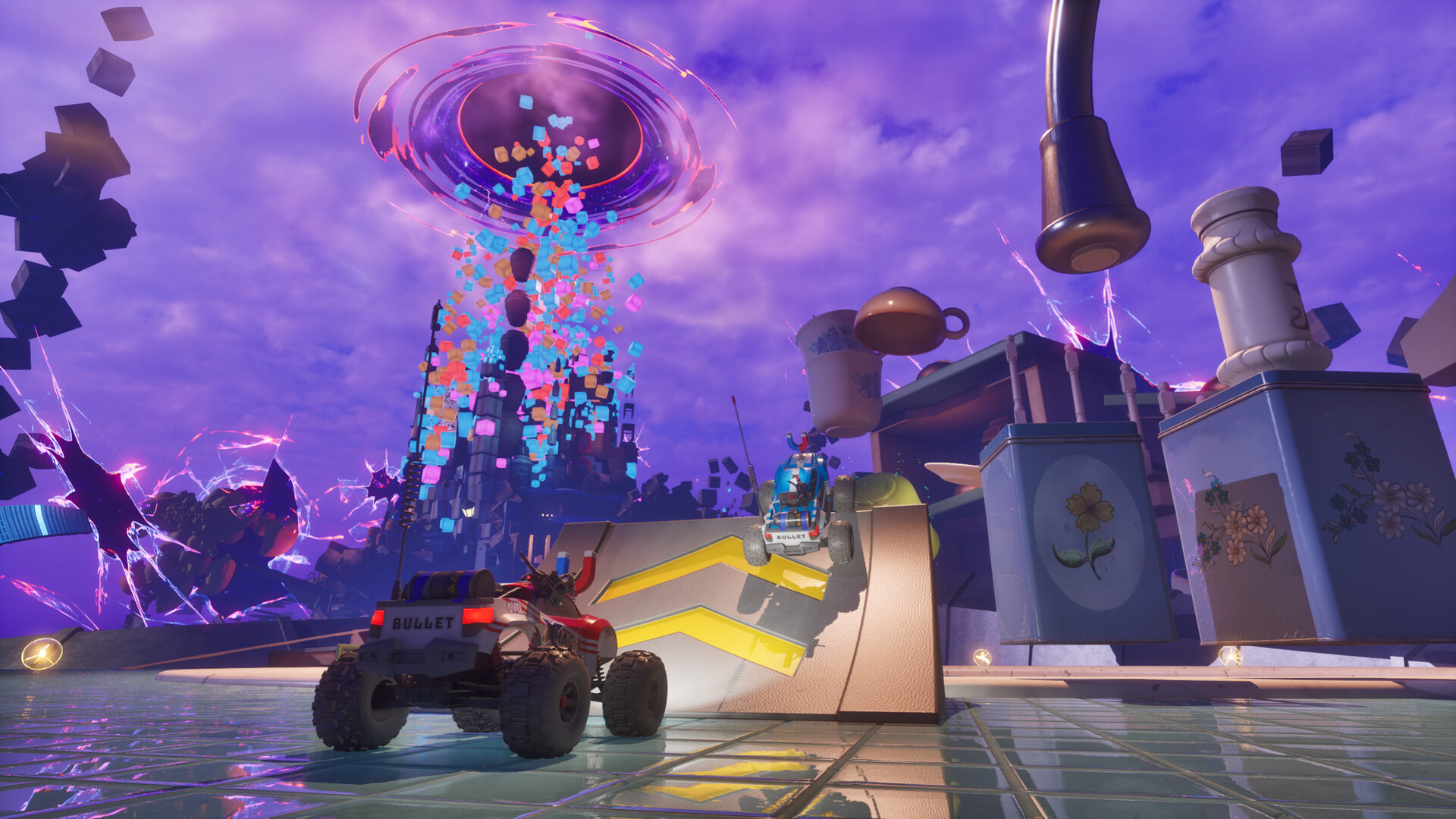 Official WheelMates screenshot showing the two cars traversing a larger set piece together