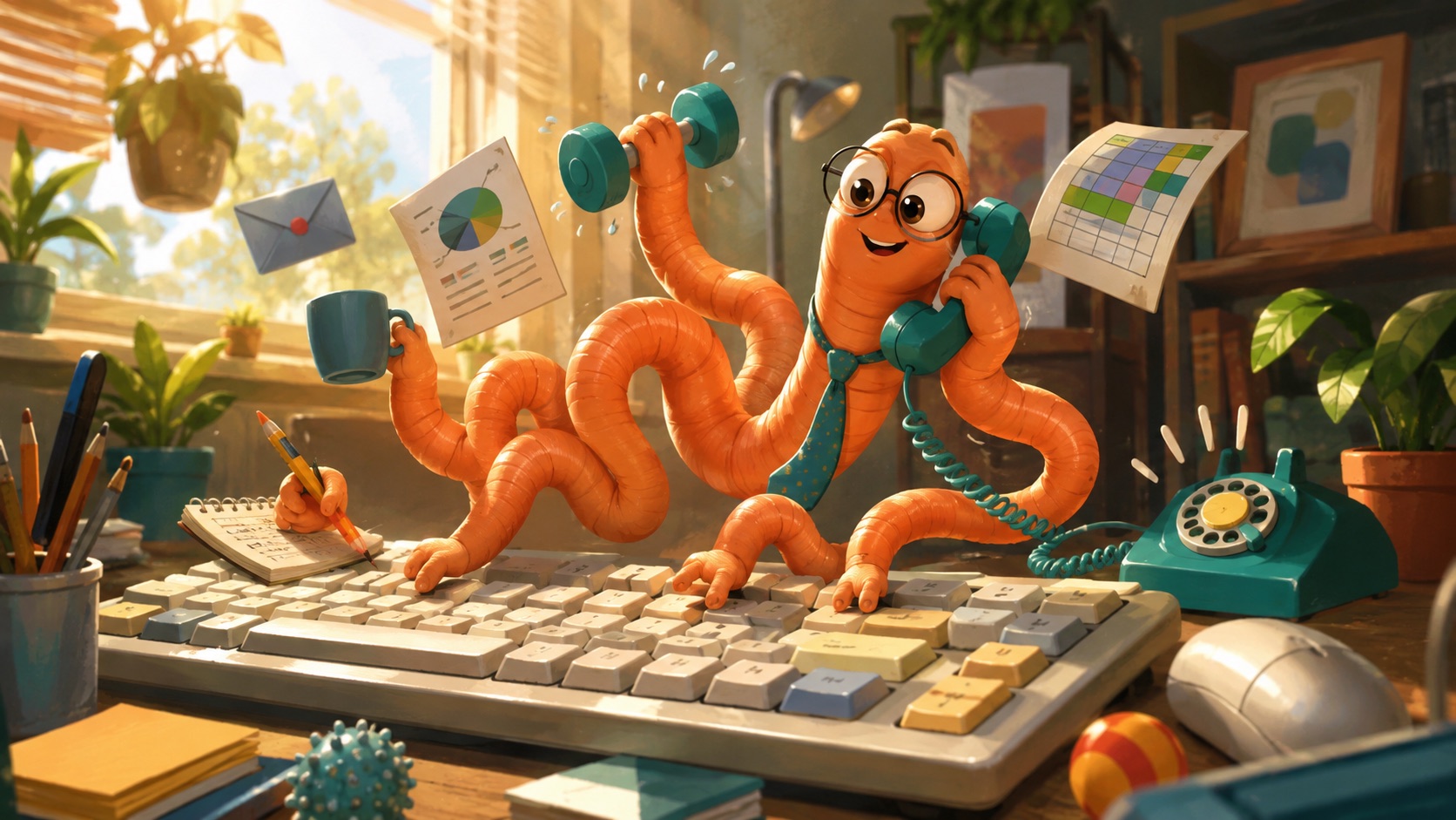 Original editorial illustration of a worm managing a home office